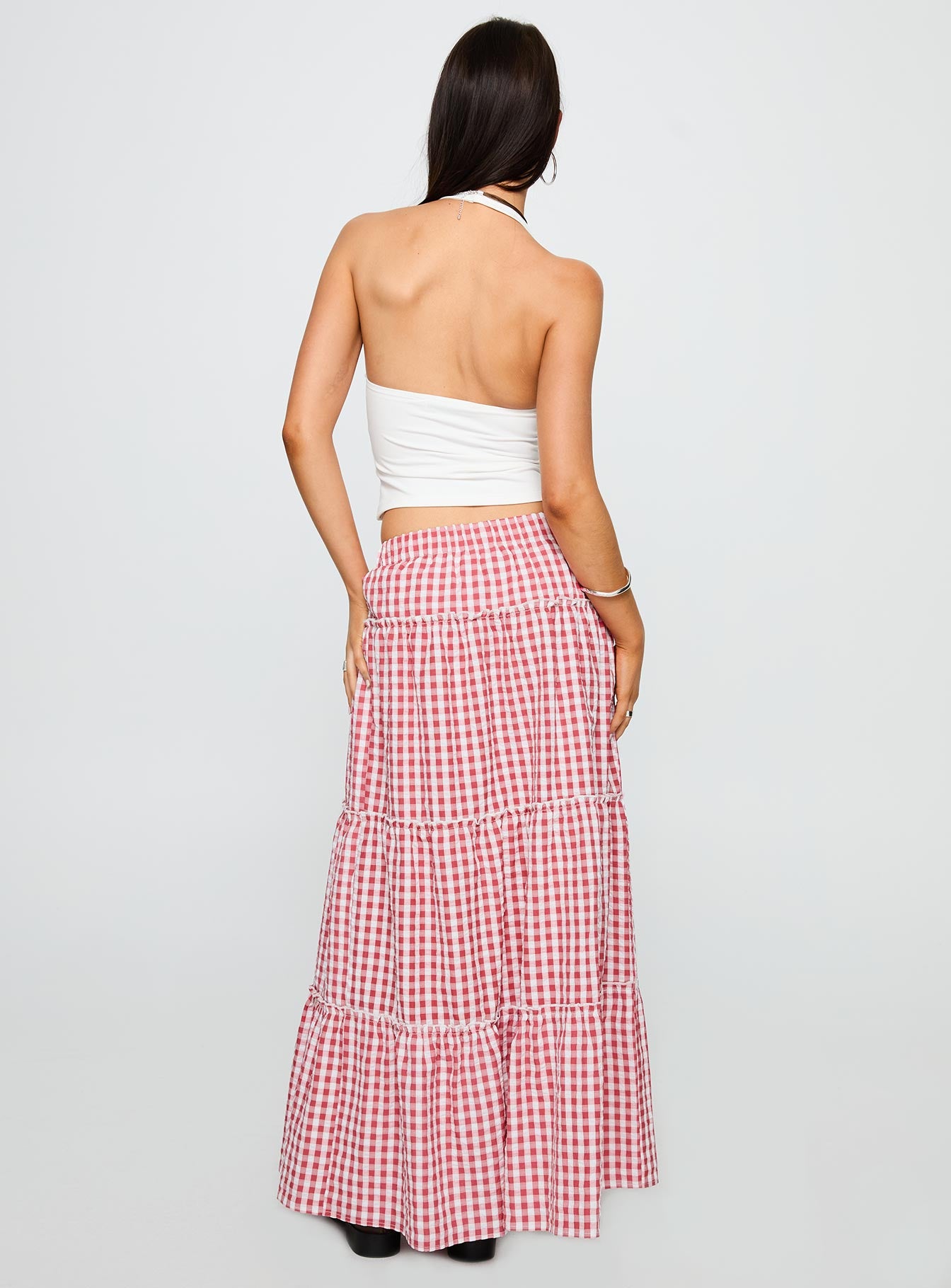 Ilaina Tiered Maxi Skirt Red Check - Image 4