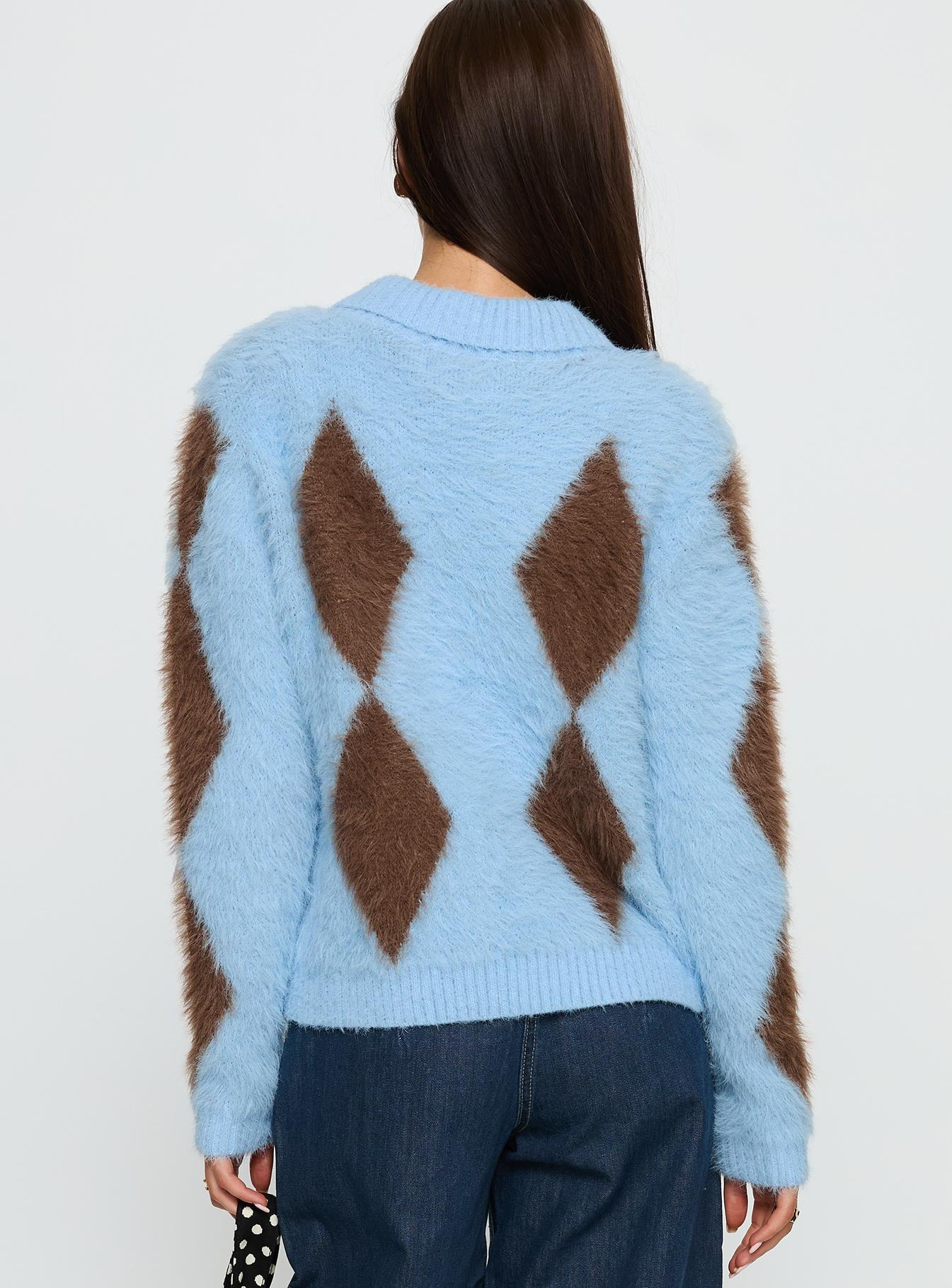 Lynnsey Fluffy Collared Knit Sweater Blue Argyle - Image 5