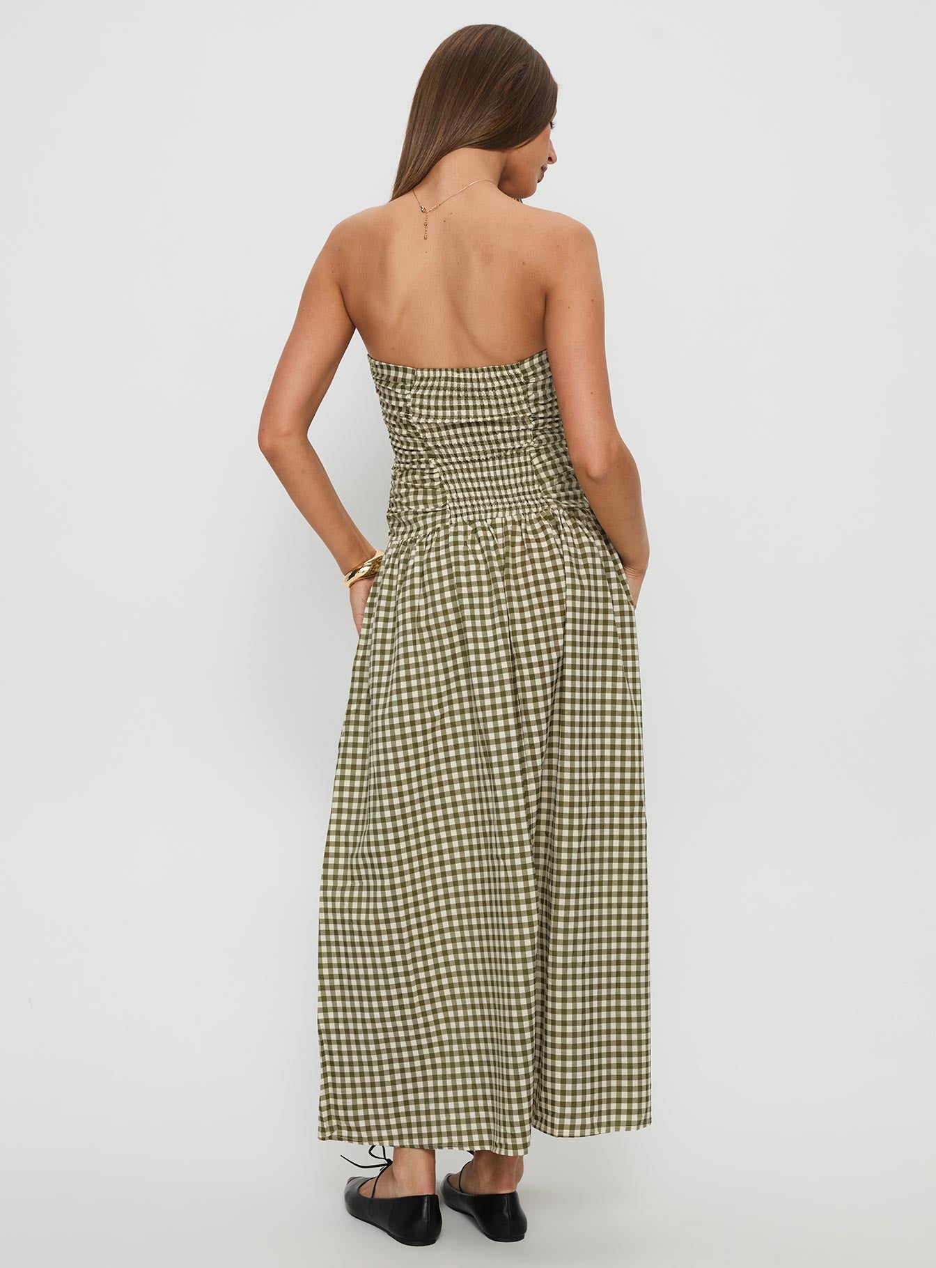 Frankey Strapless Drop Waist Maxi Dress Green Check - Image 5