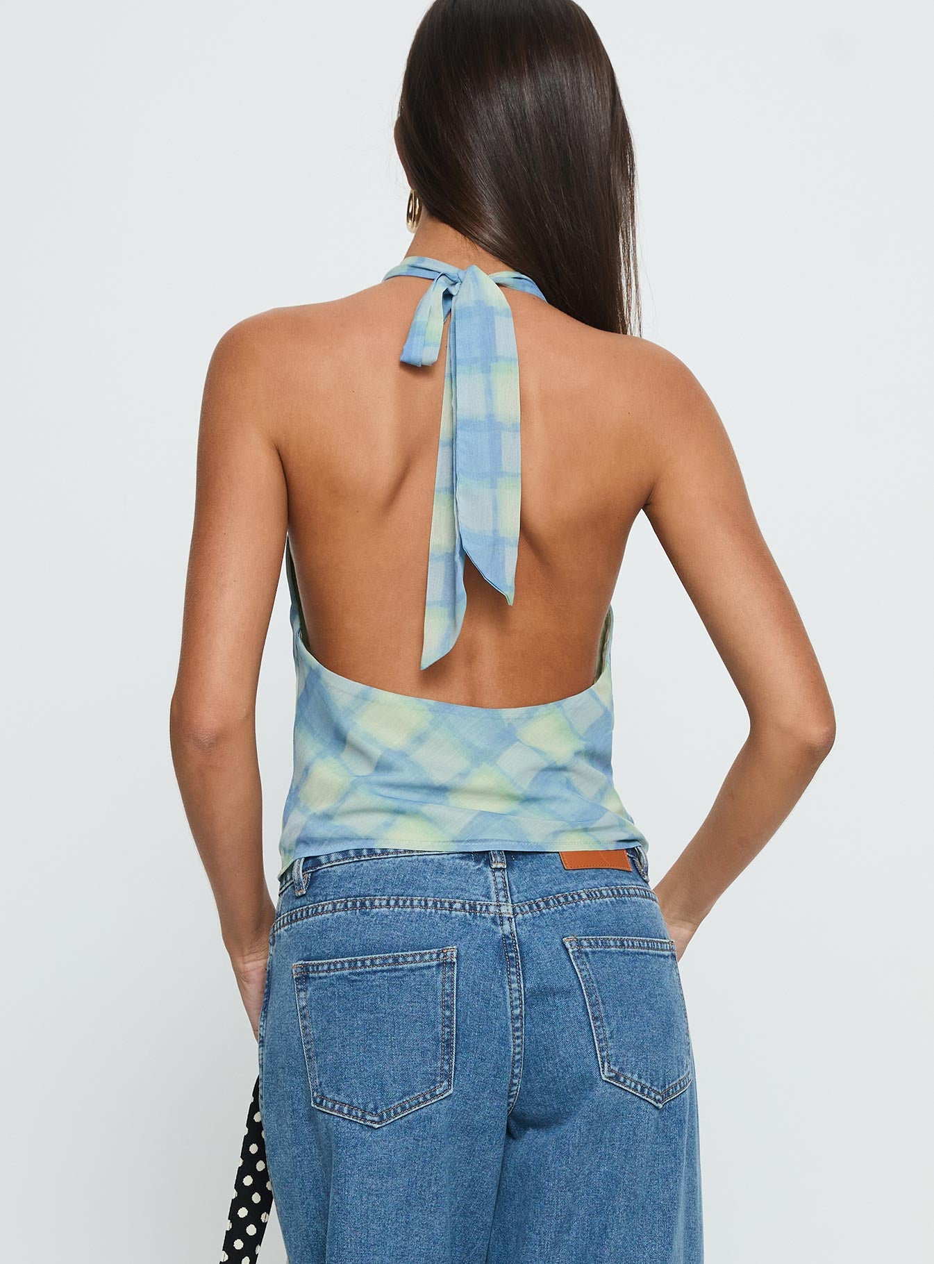 Karelyn Plunge Neck Top Teal Check - Image 5