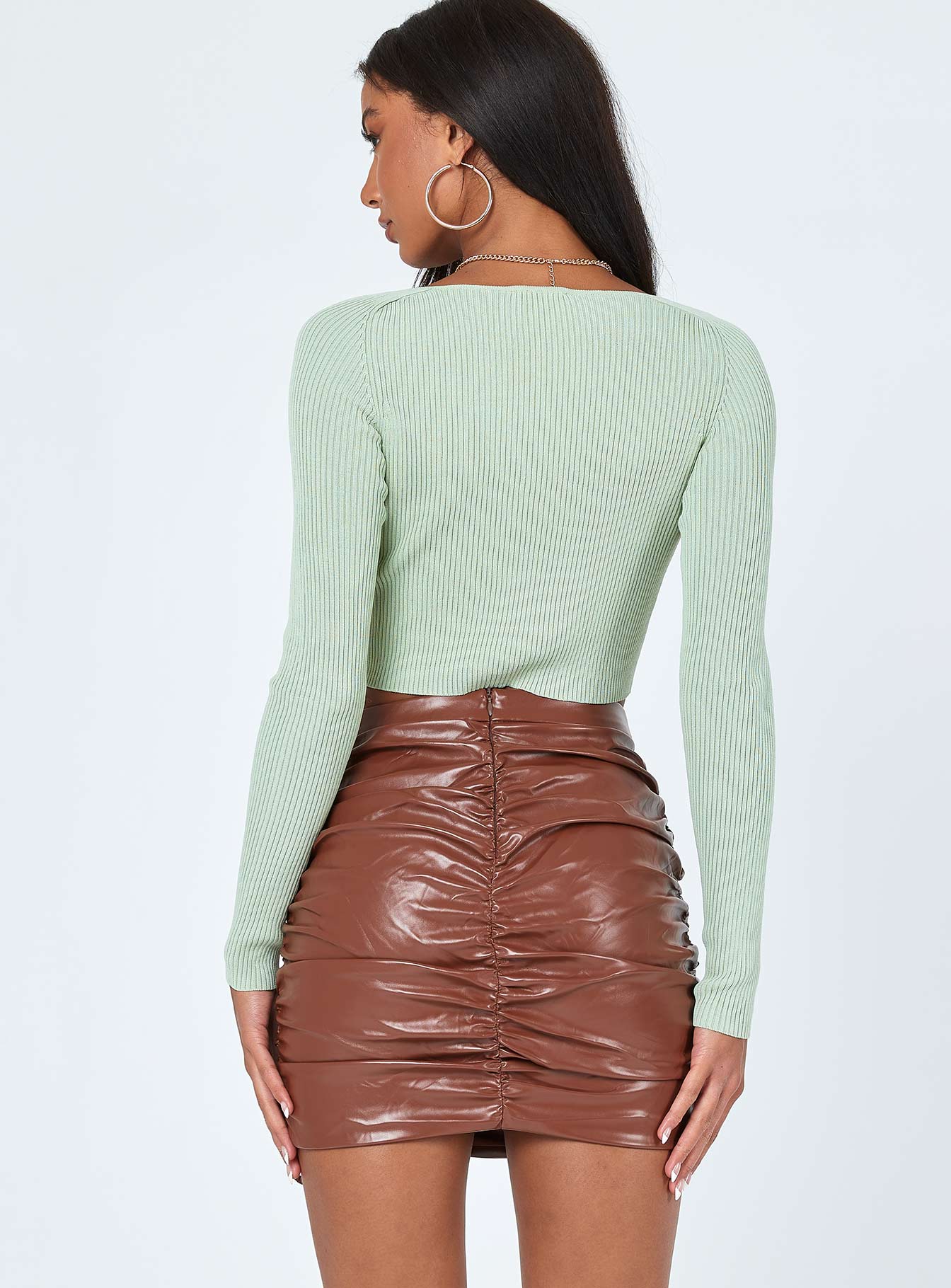 Davis Ruched PU Mini Skirt Brown - Image 4