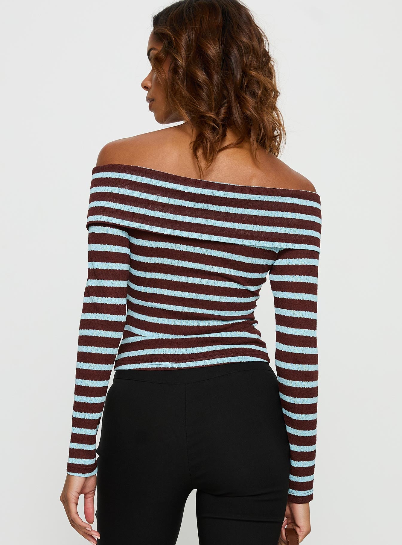 Raelena Off Shoulder Long Sleeve Top Blue / Brown Stripe - Image 4