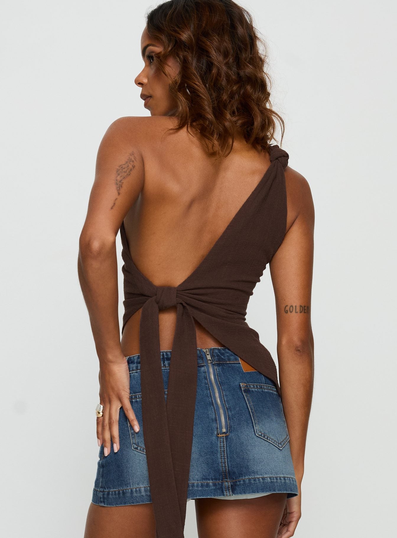 Dominikah One Shoulder Tie Top Chocolate - Image 5