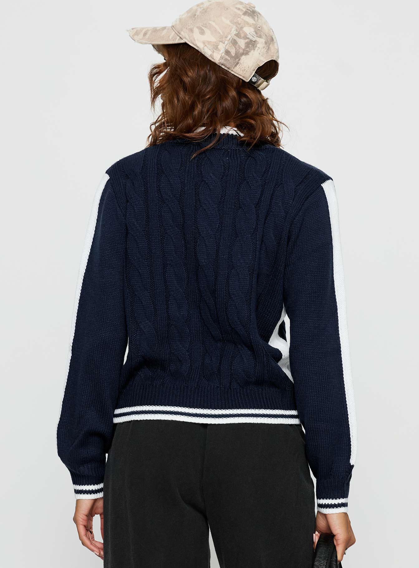 Tevyn Cable Knit Zip Through Knit Sweater Blue / Cream - Image 4