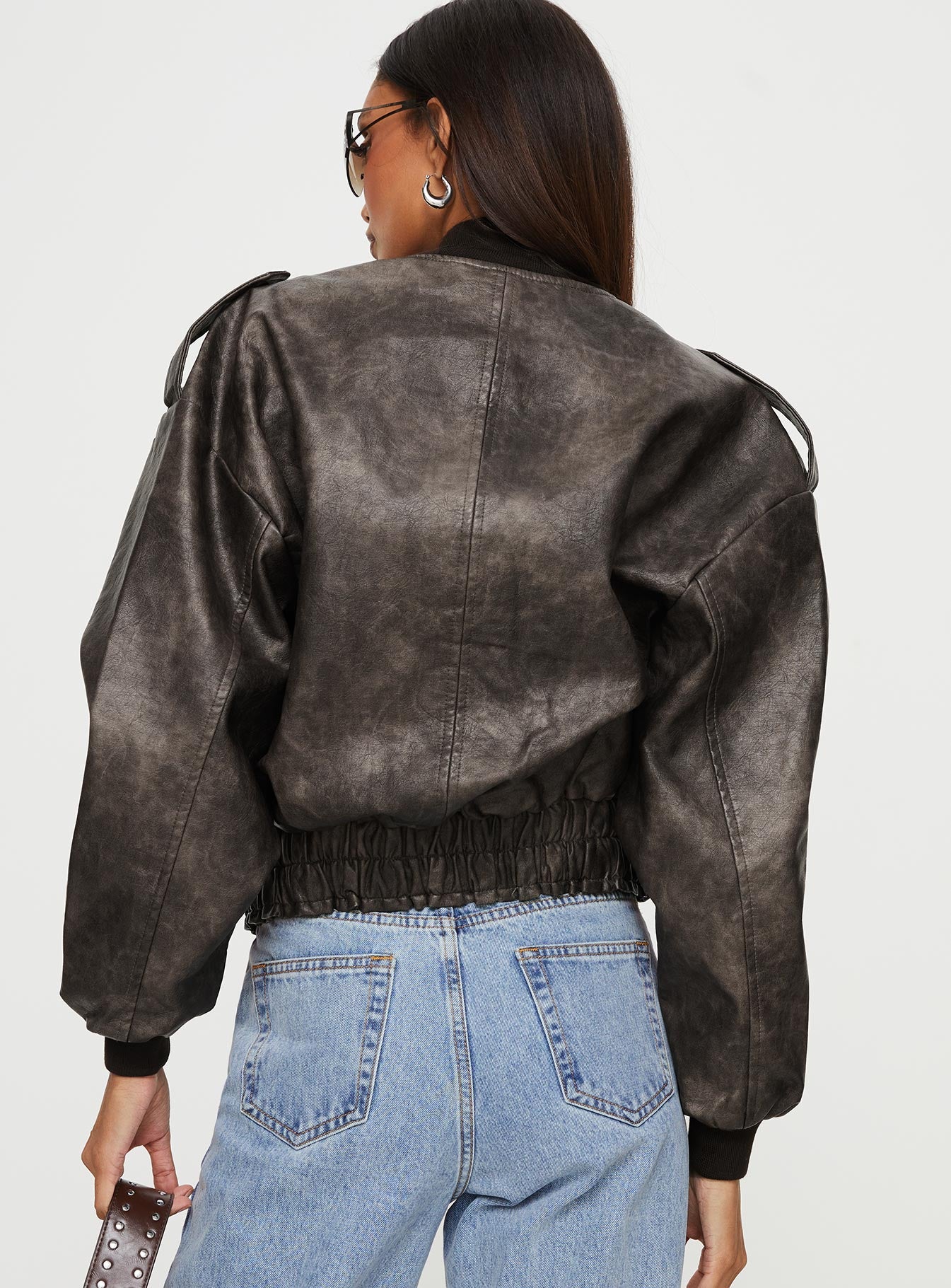 Casey Faux Leather Biker Jacket Chocolate - Image 5