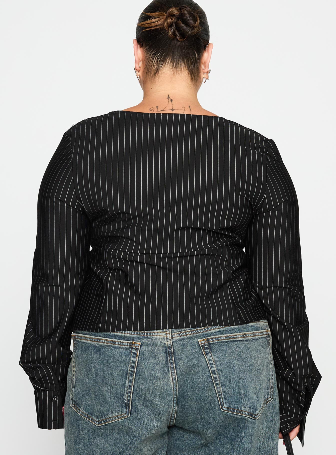Set For Life Foldover Detail Long Sleeve Top Black / White Pinstripe Curve - Image 5