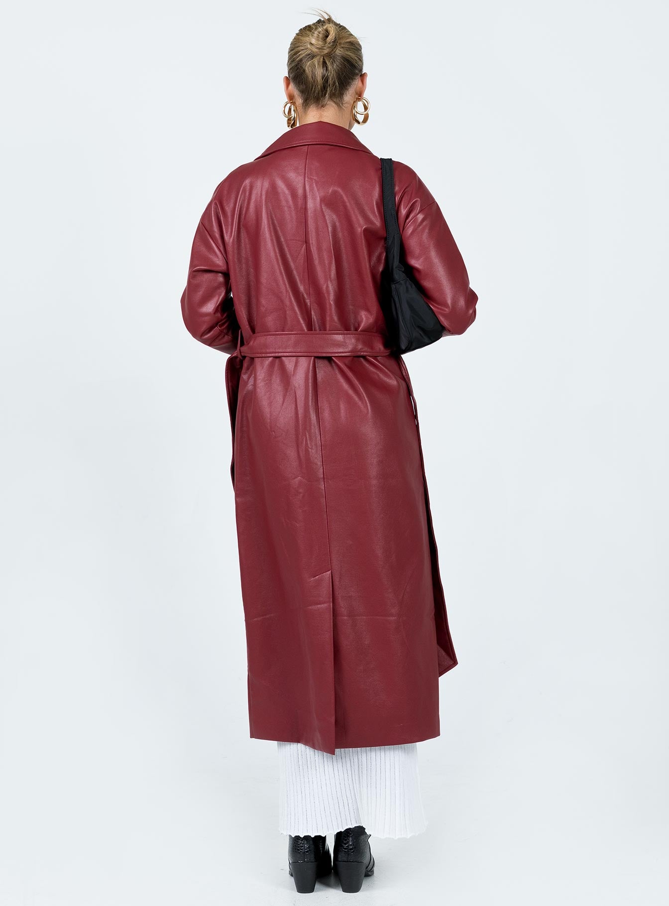 Leif Faux Leather Long Coat Burgundy - Image 5