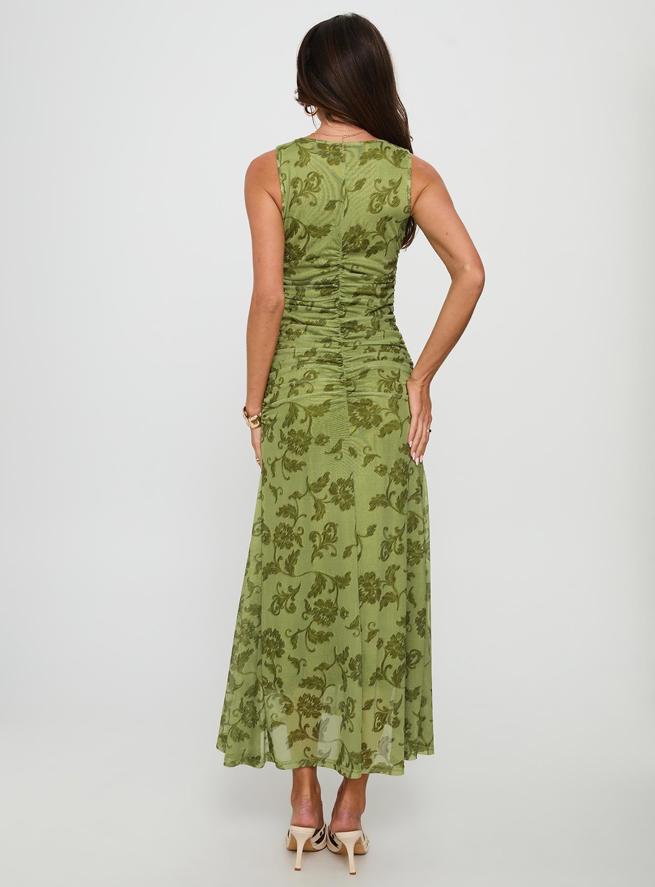 Stefanya Gathered Maxi Dress Green Floral - Image 4