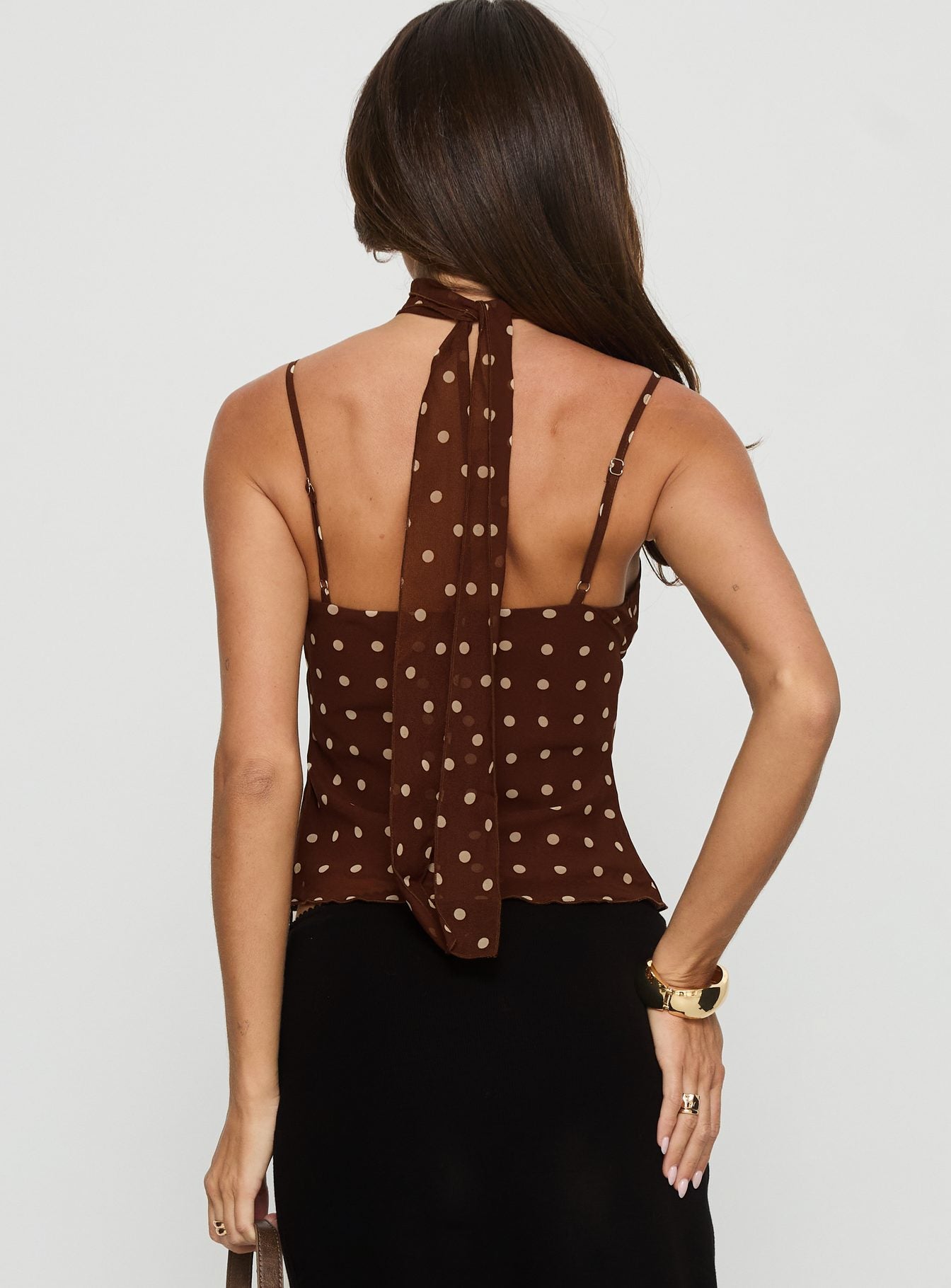 Mishy Scarf Detail Cami Top Brown Polka - Image 5