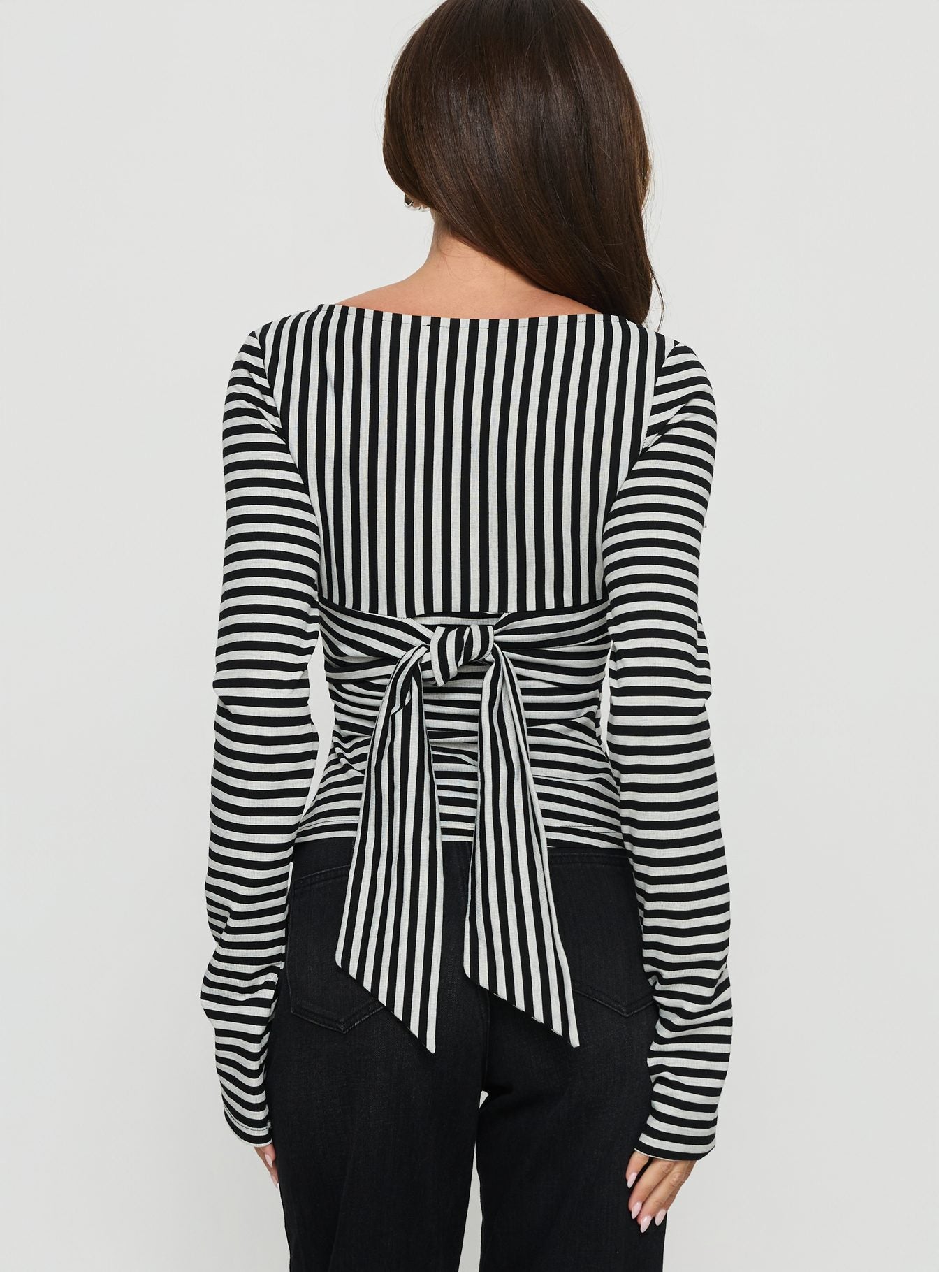 Madelon Long Sleeve Wrap Top Black / Grey Stripe - Image 5