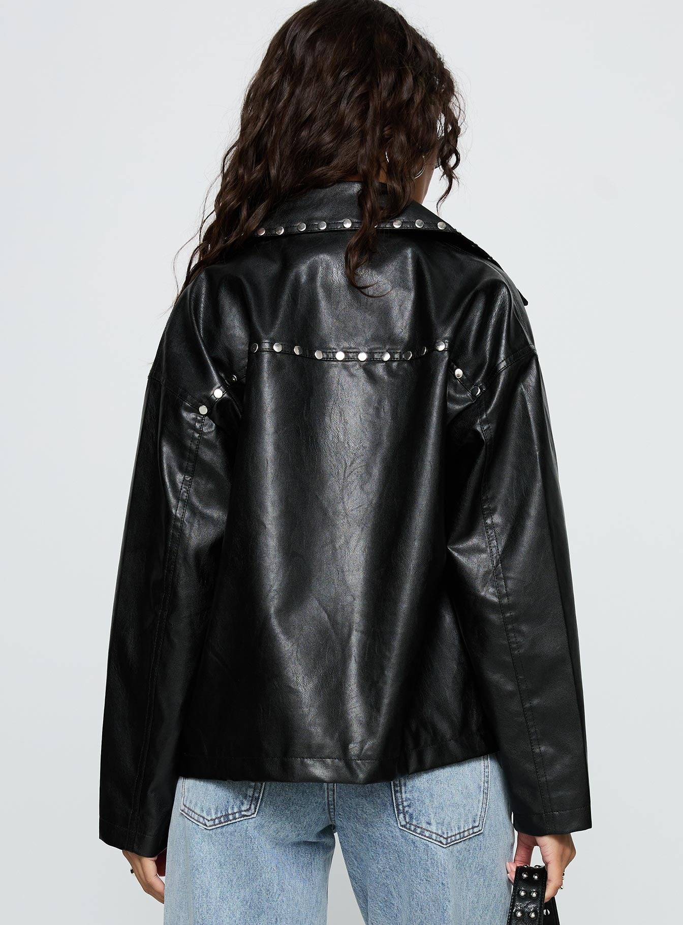 Kaeden Faux Leather Stud Detail Biker Jacket Black - Image 5