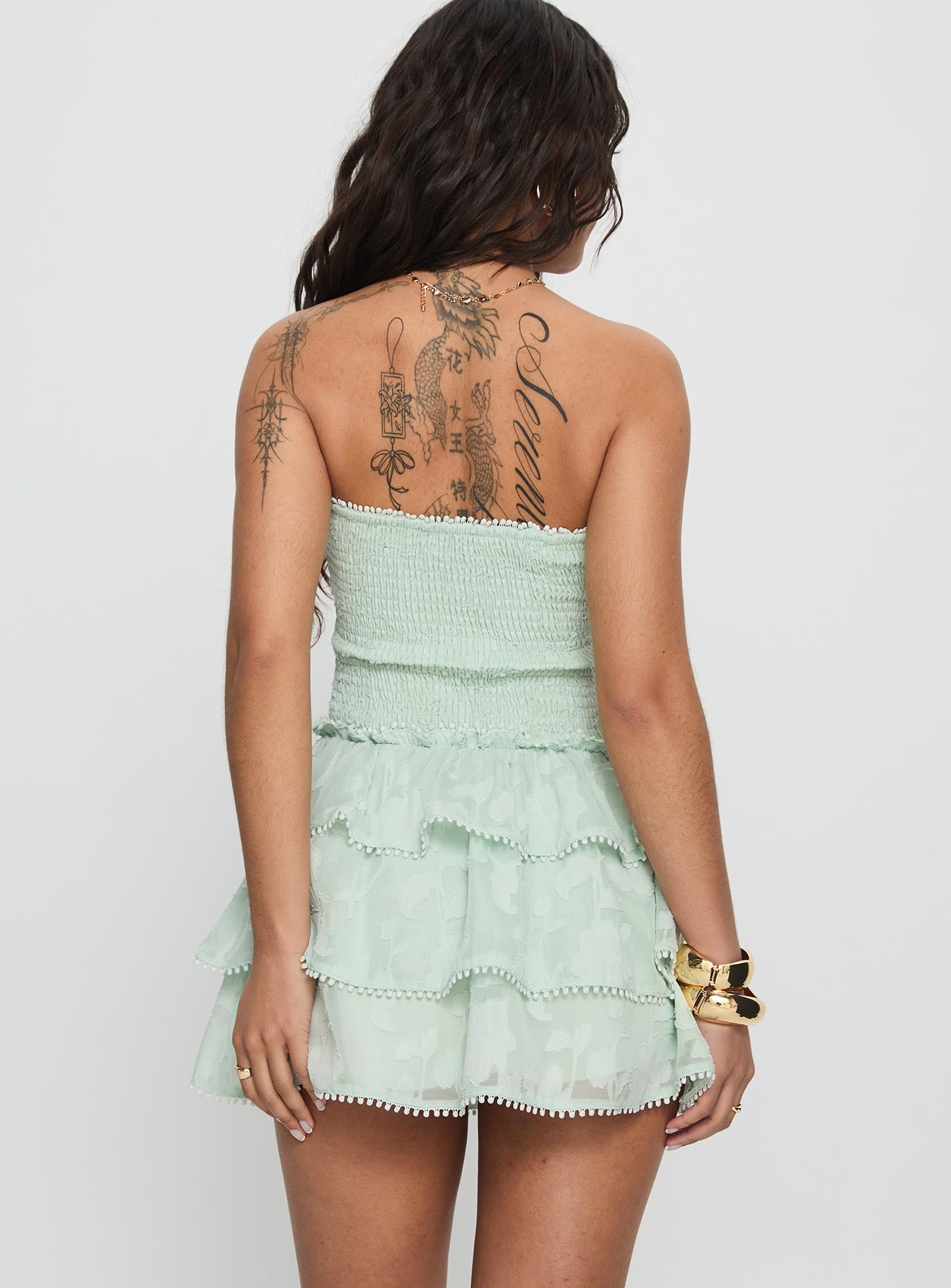 Sunkiss Frill Mini Dress Green Burnout - Image 4