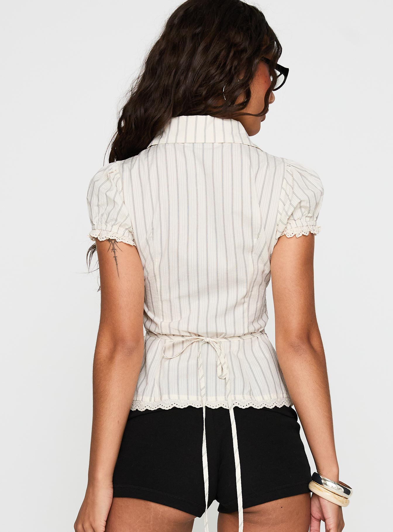 Deserve You Puff Sleeve Button Front Top Cream Stripe - Image 5