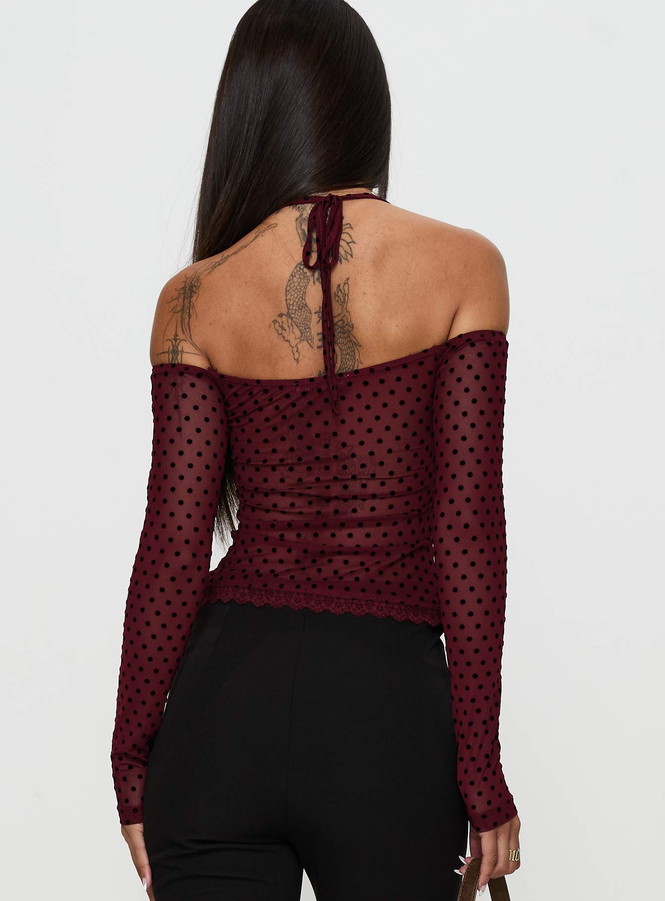 On My Side Off Shoulder Tie Neck Top Burgundy - Image 4