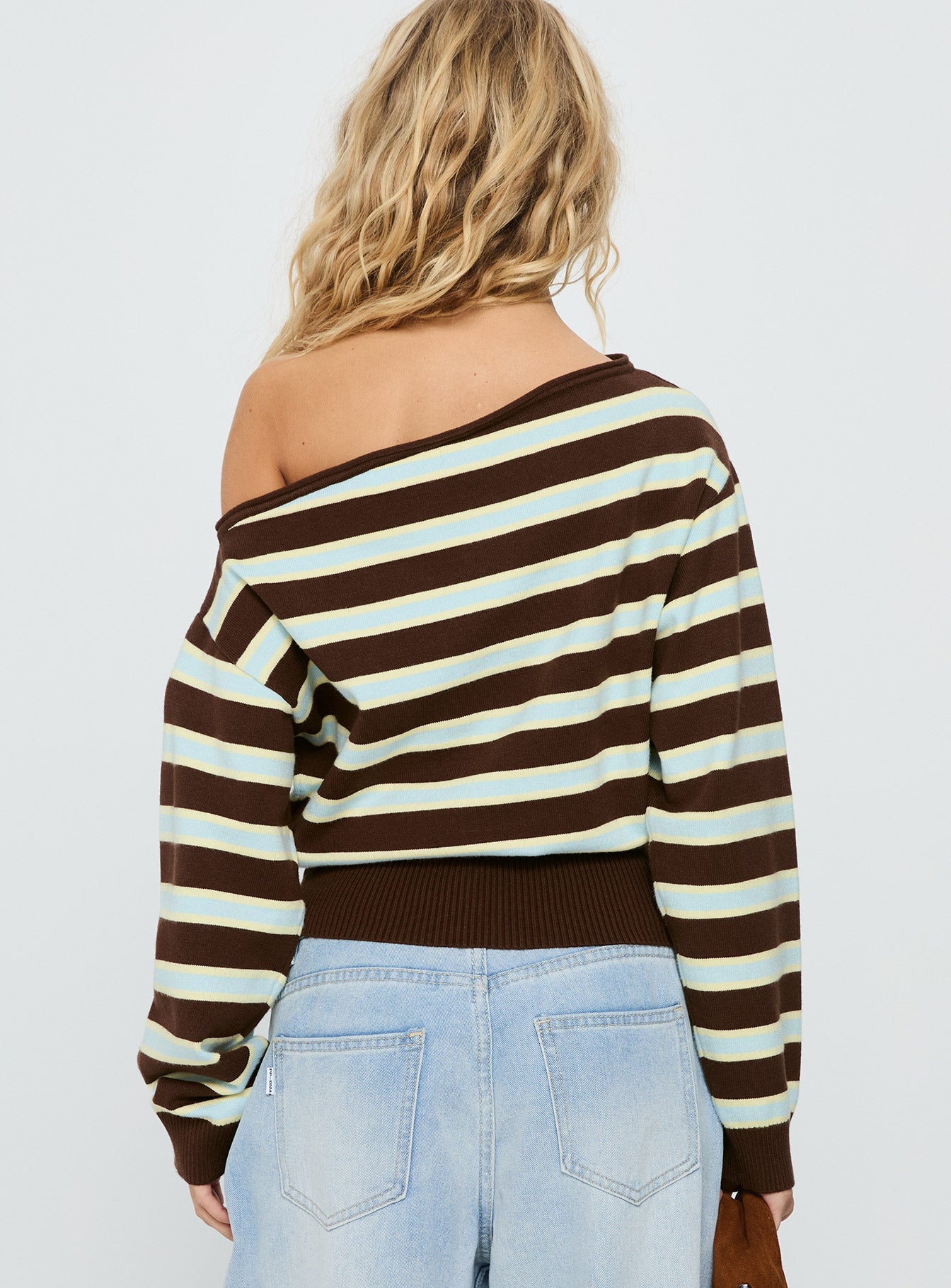 Zinia Off Shoulder Knit Sweater Brown / Blue Stripe - Image 5