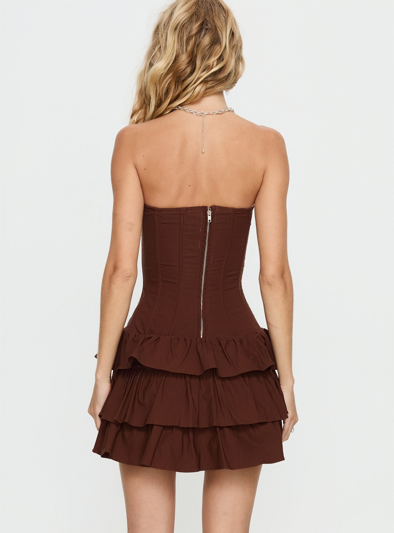 Valentia Tiered Mini Dress Chocolate - Image 4