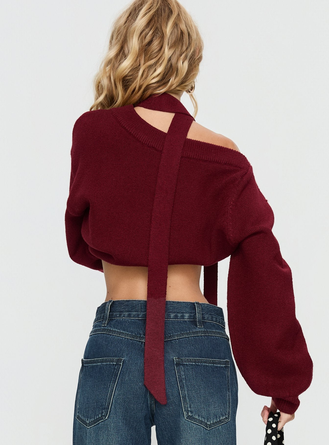 Ruthi Scarf Off Shoulder Knit Sweater Burgundy - Image 4