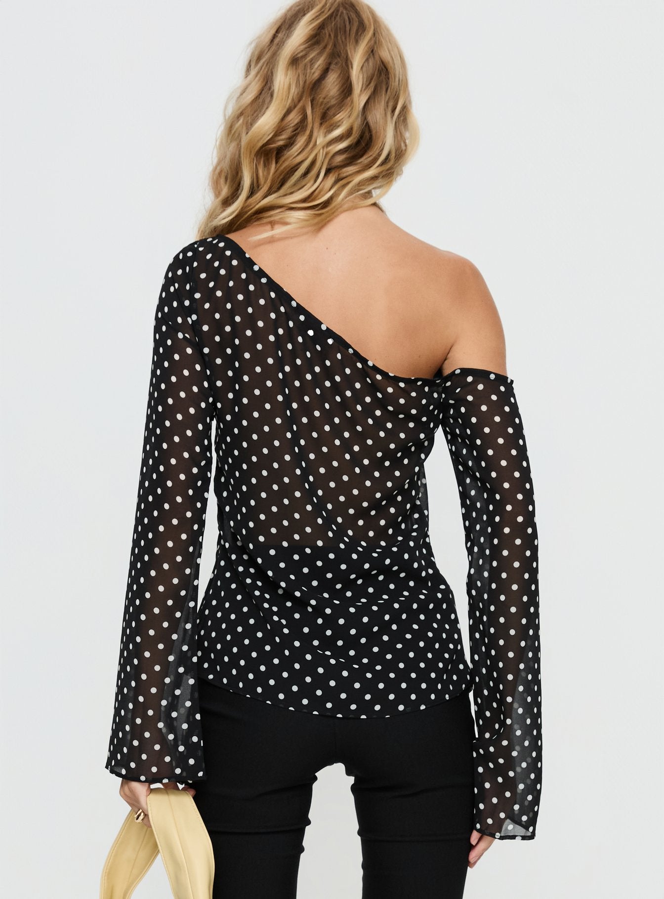 Shiona Sheer One Shoulder Long Sleeve Top Black Polka - Image 5