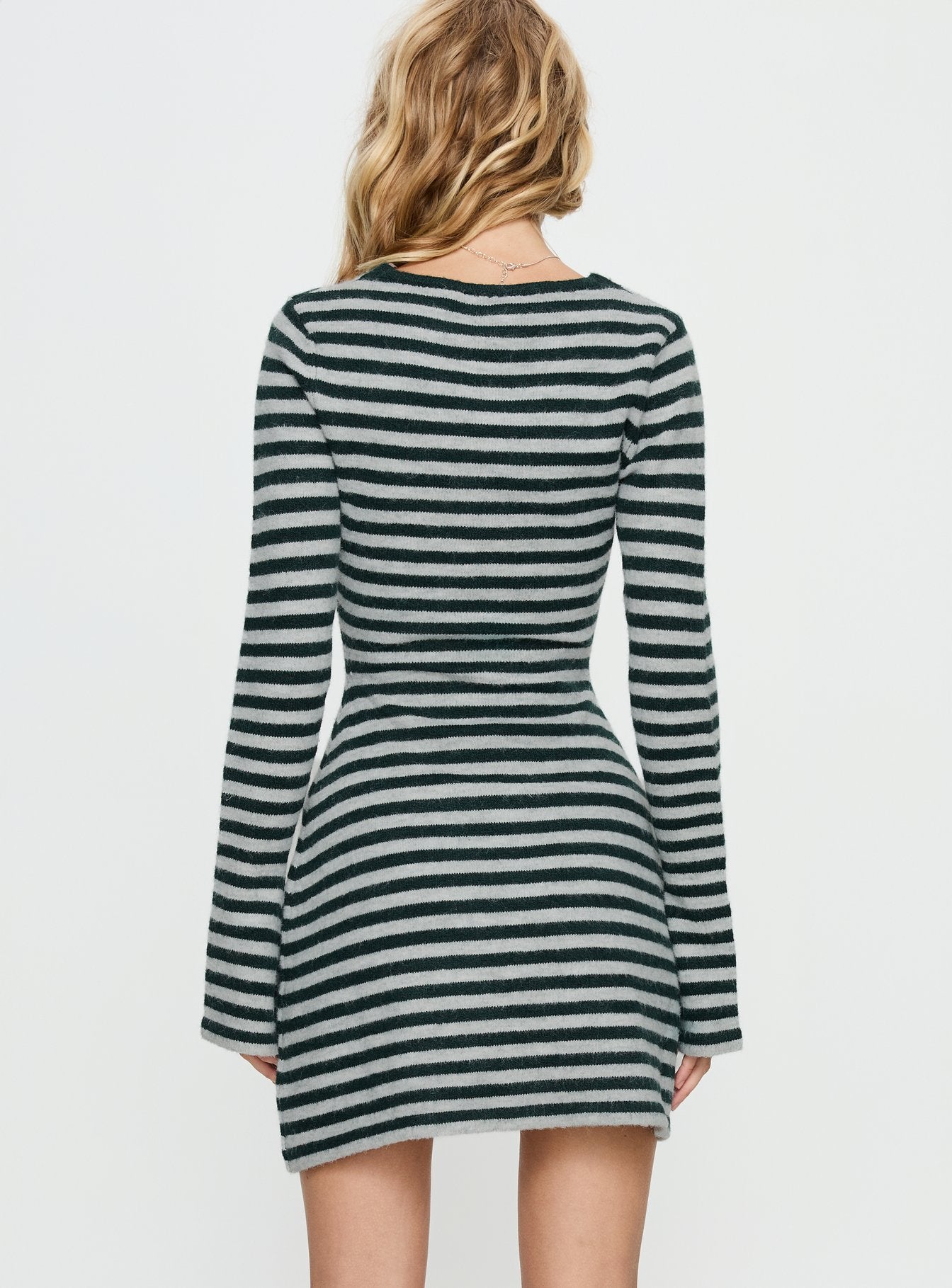 Morgen Asymmetrical Long Sleeve Mini Dress Grey / Green Stripe - Image 5