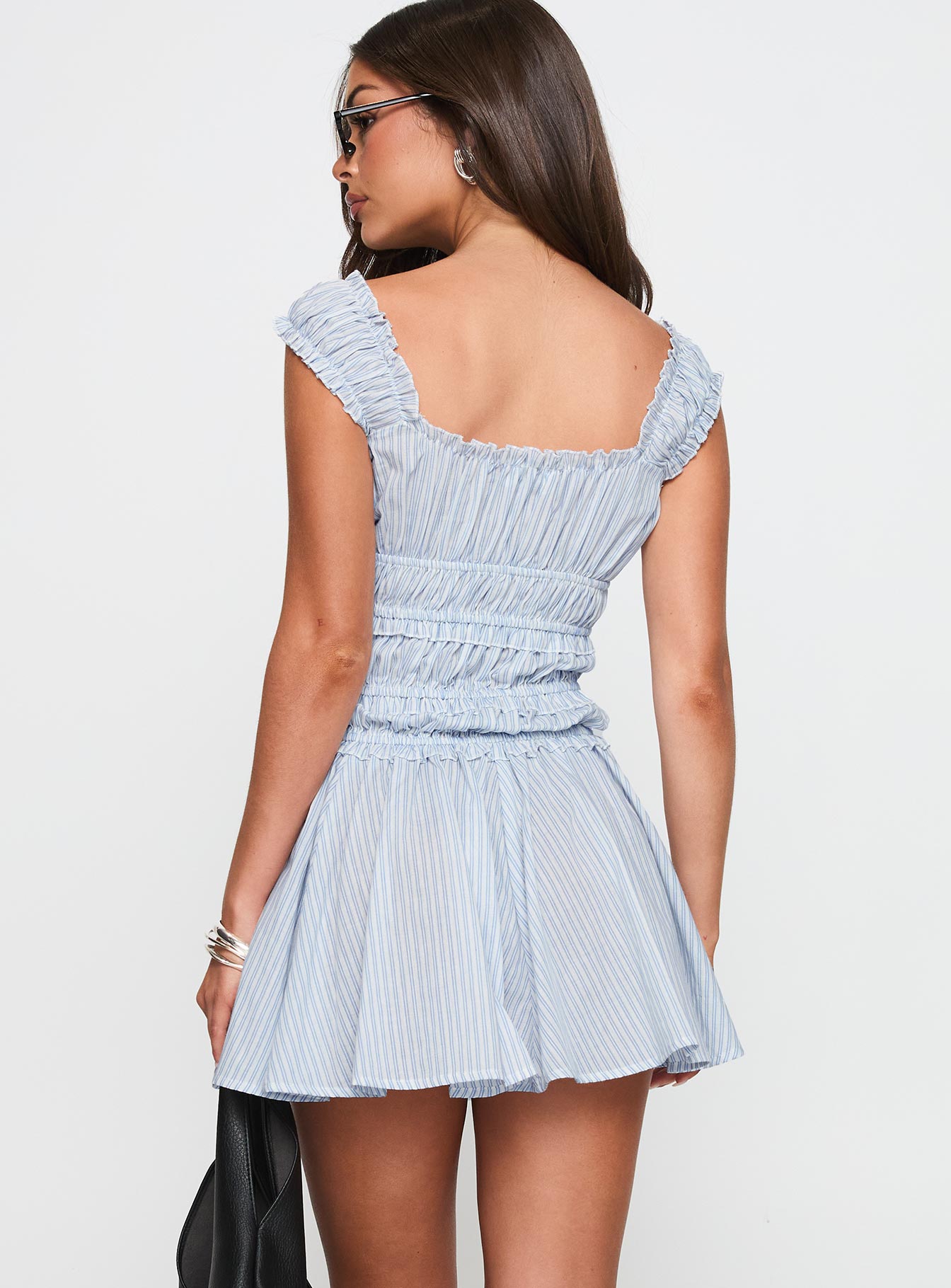 Wonderlust Shirred Mini Dress Blue Stripe - Image 5