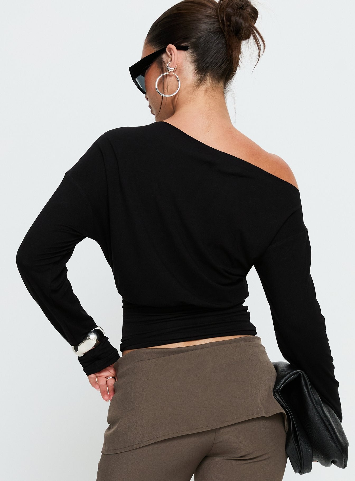 Ashlinn Off Shoulder Long Sleeve Drapey Top Black - Image 5