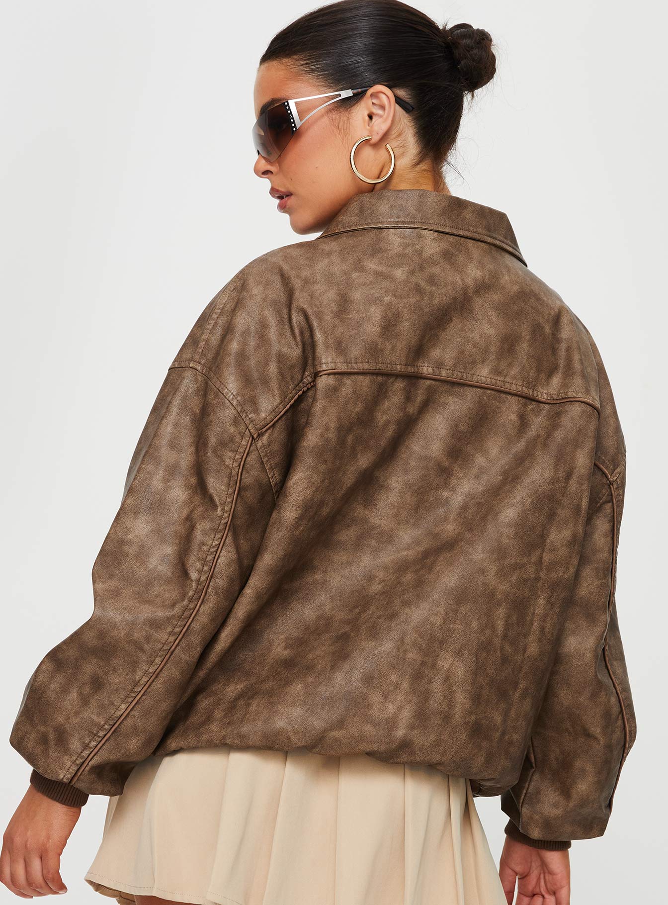 Goldsmith Faux Leather Bomber Jacket Washed Brown - Image 6
