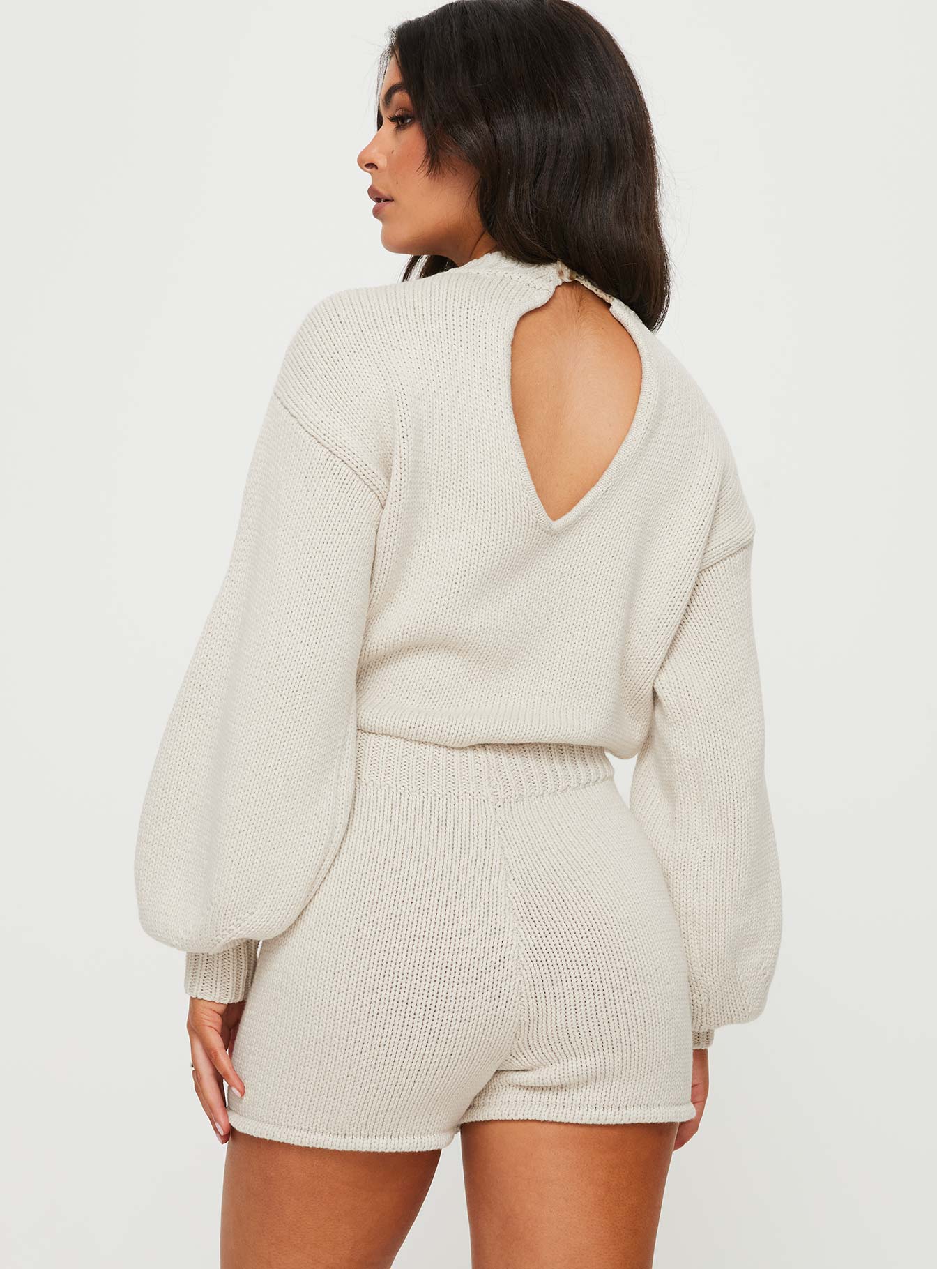 Harmony Balloon Sleeve Knit Romper Beige - Image 5