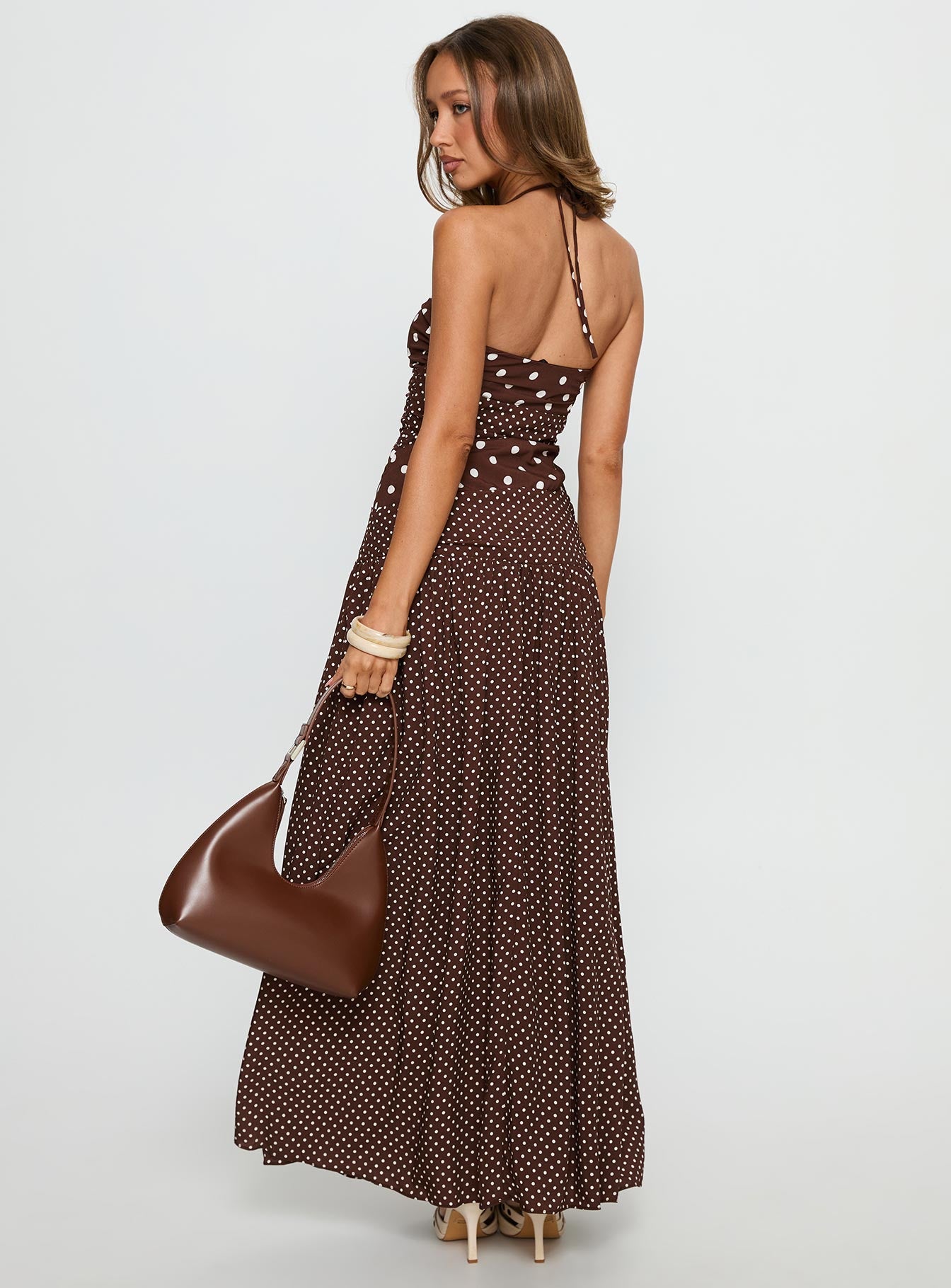 Marguerite Halter Maxi Dress Brown Polka Dot - Image 5
