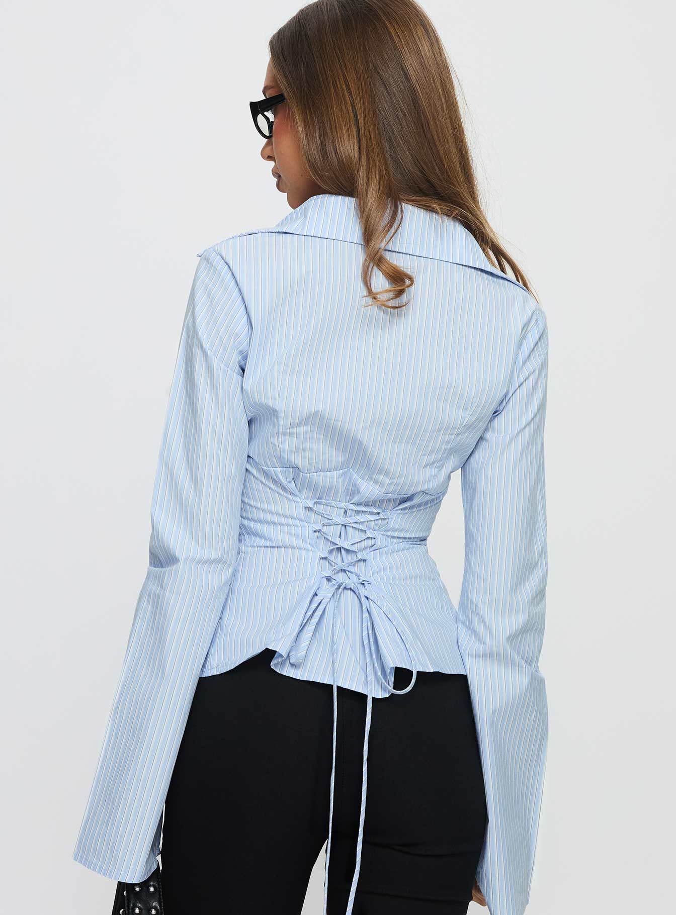 Busy Girl Long Sleeve Collared Top Blue Stripe - Image 5