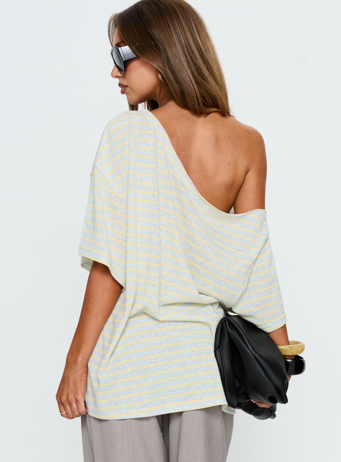 Winny Off Shoulder Tee Grey Marle / Lemon Stripe - Image 5
