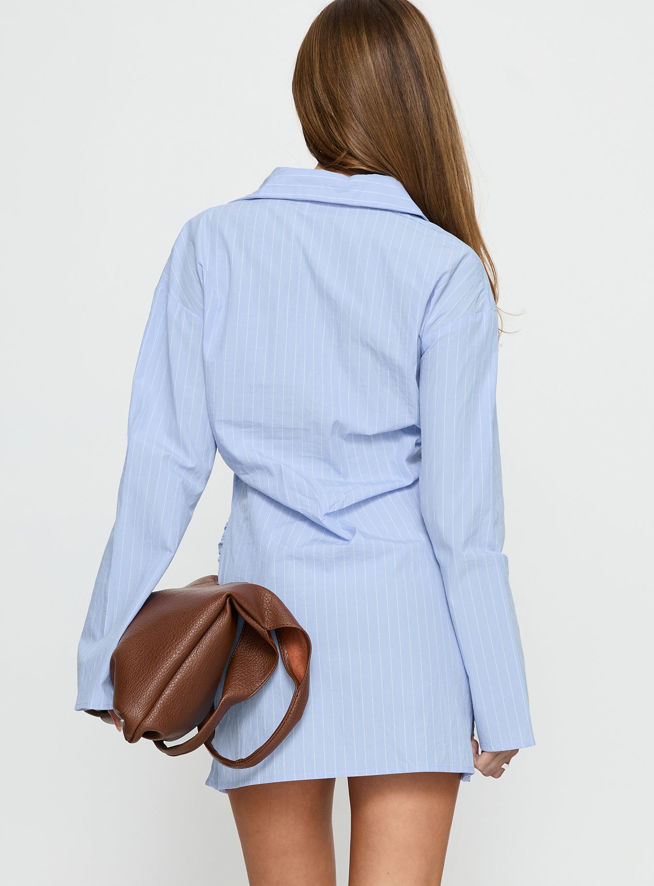 Well Versed Long Sleeve Ruched Shirt Mini Dress Blue - Image 5