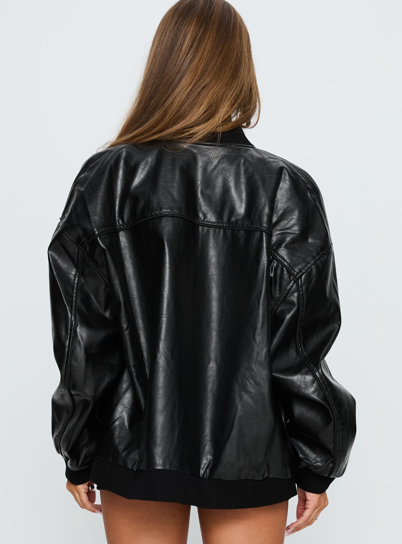 Believe It Faux Leather Bomber Jacket Black - Image 5
