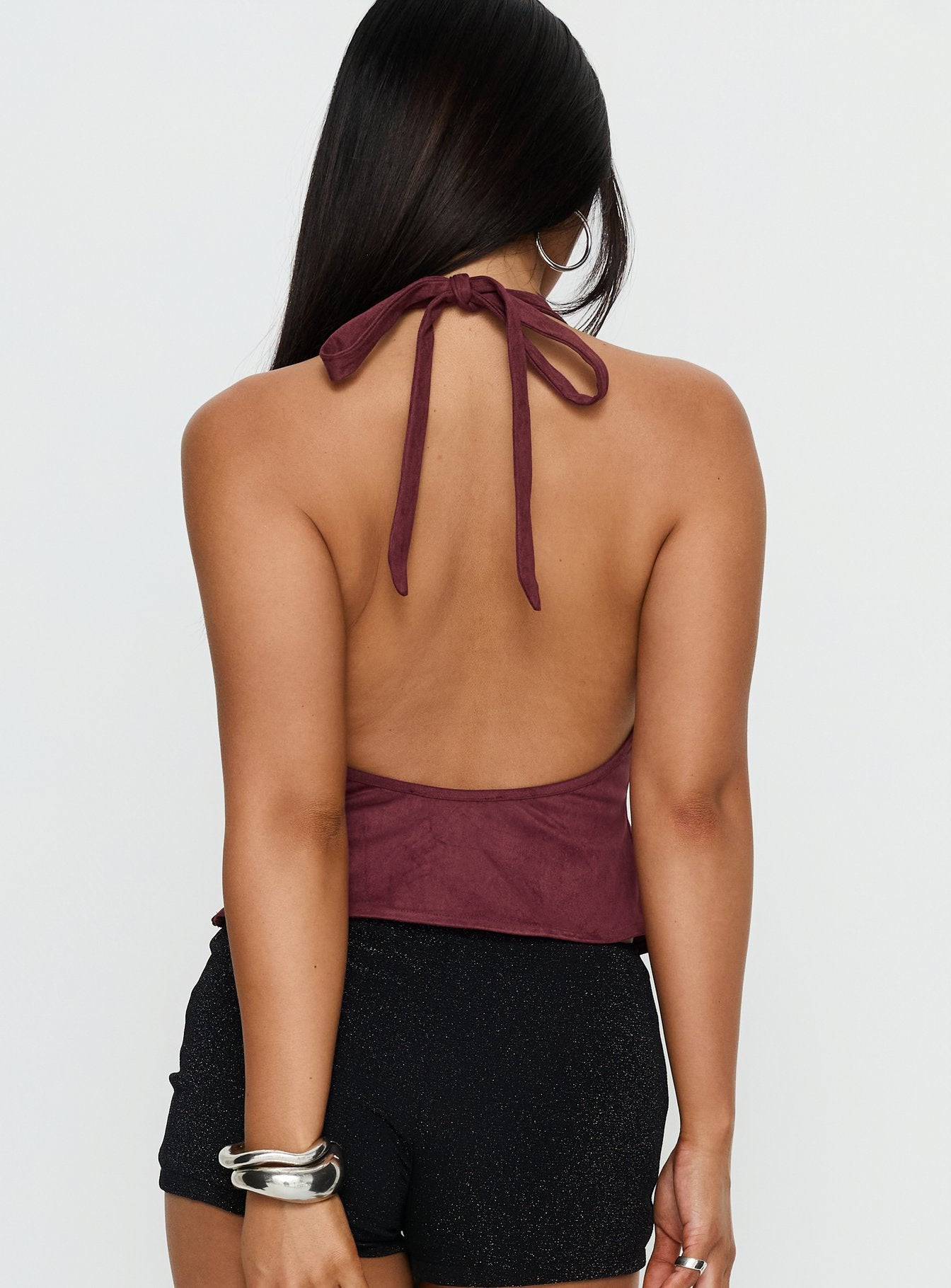 Yasenia Faux Suede Halter Top Burgundy - Image 5