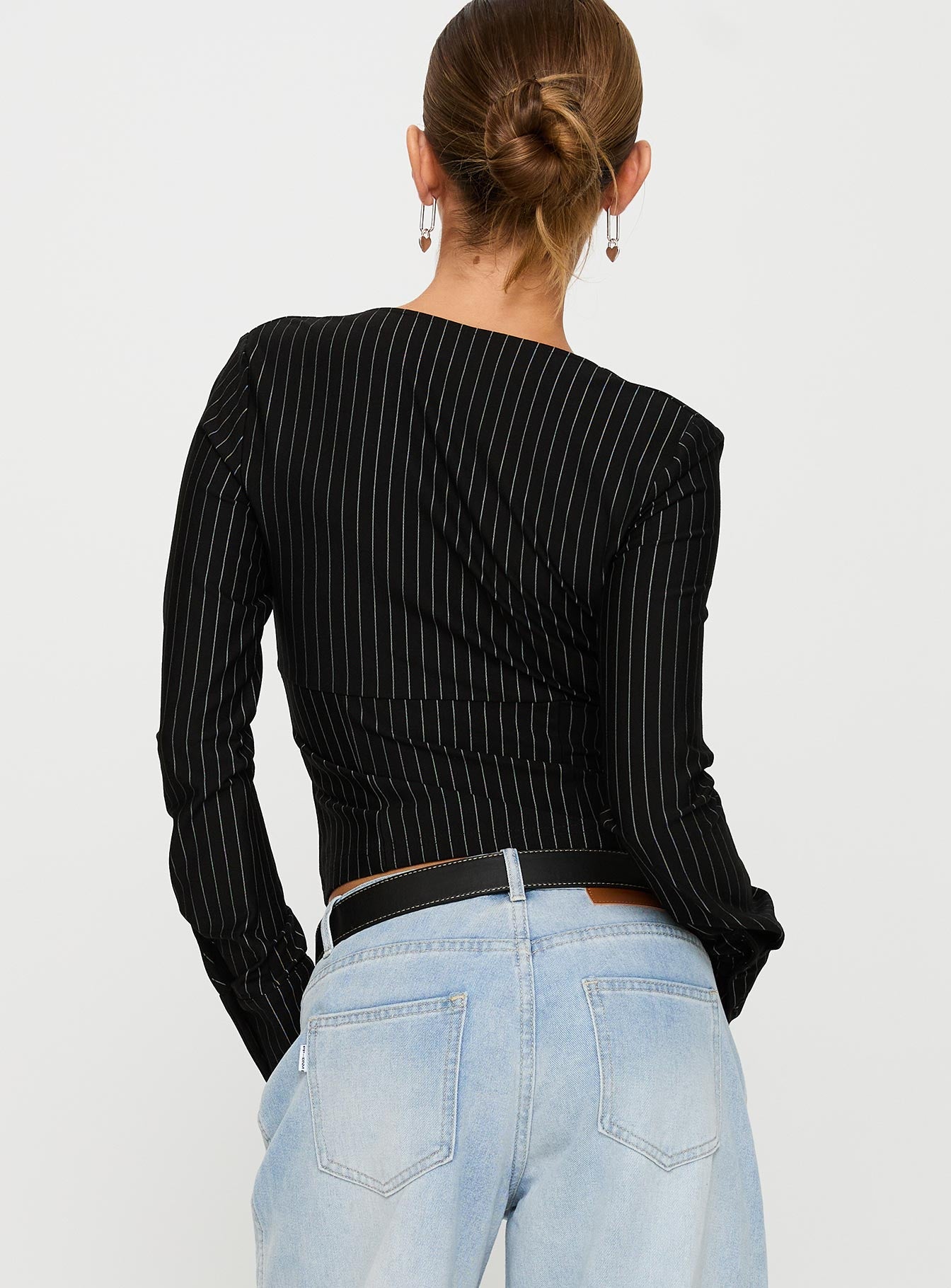 Set For Life Foldover Detail Long Sleeve Top Black / White Pinstripe - Image 5