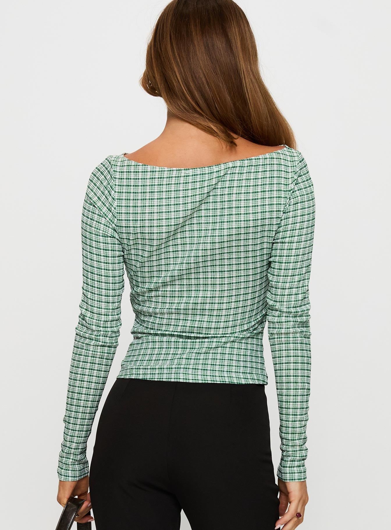 Every Second Boat Neck Long Sleeve Top Green Check - Image 5