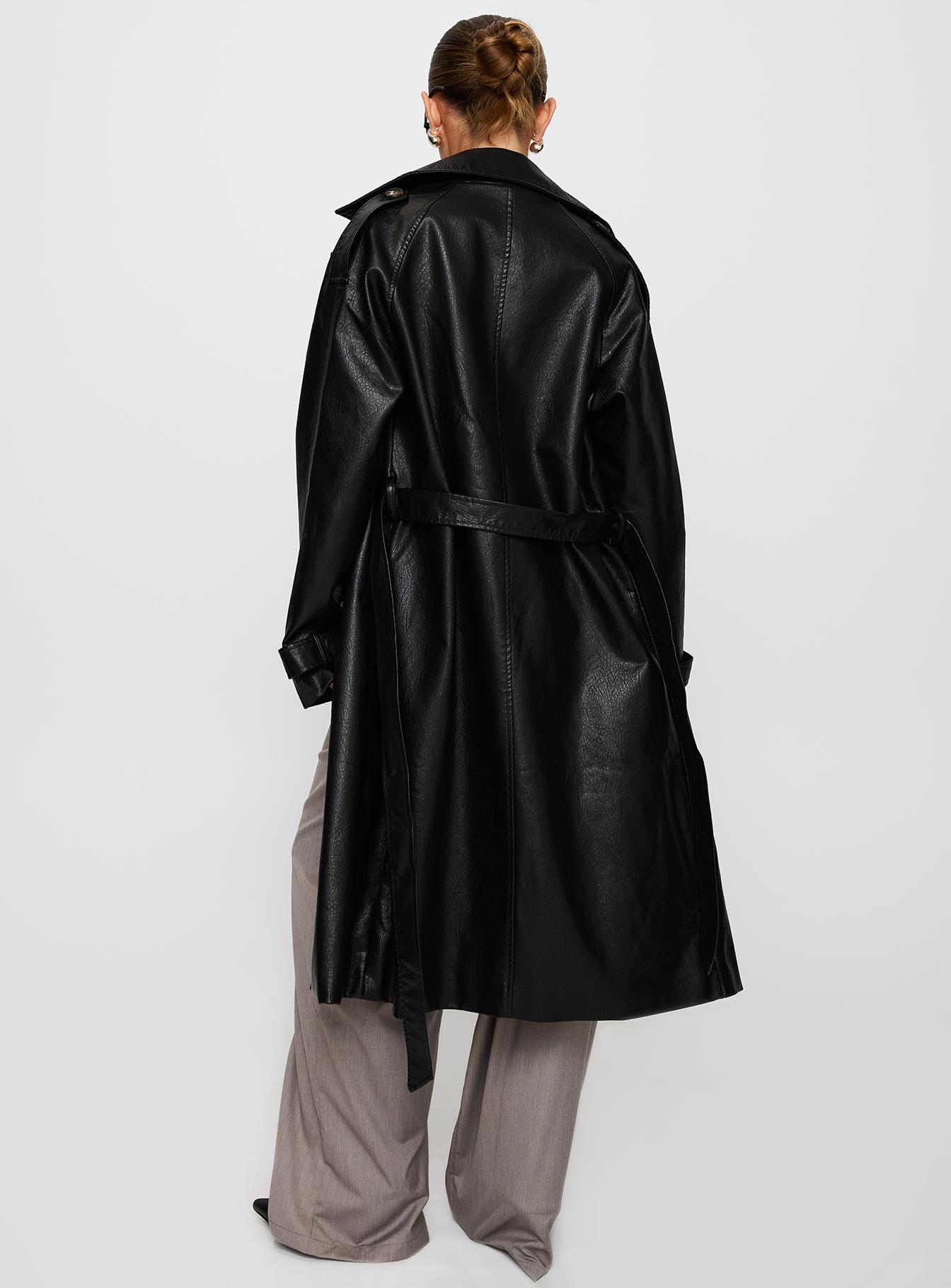 Think Later Faux Leather Trench Coat Black - Image 5
