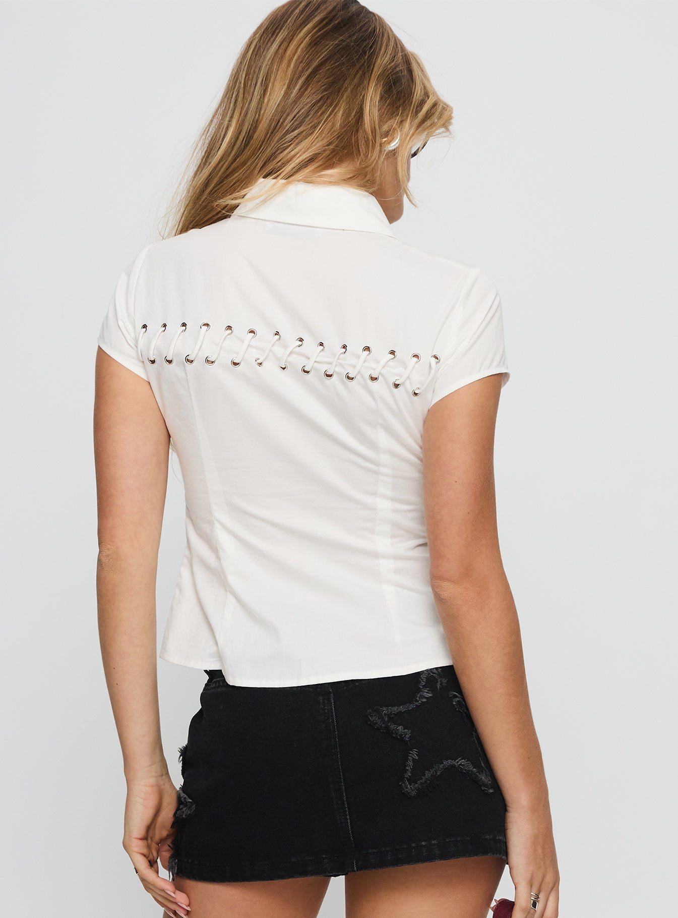 Rewrite Lace Up Short Sleeve Shirt White - Image 5