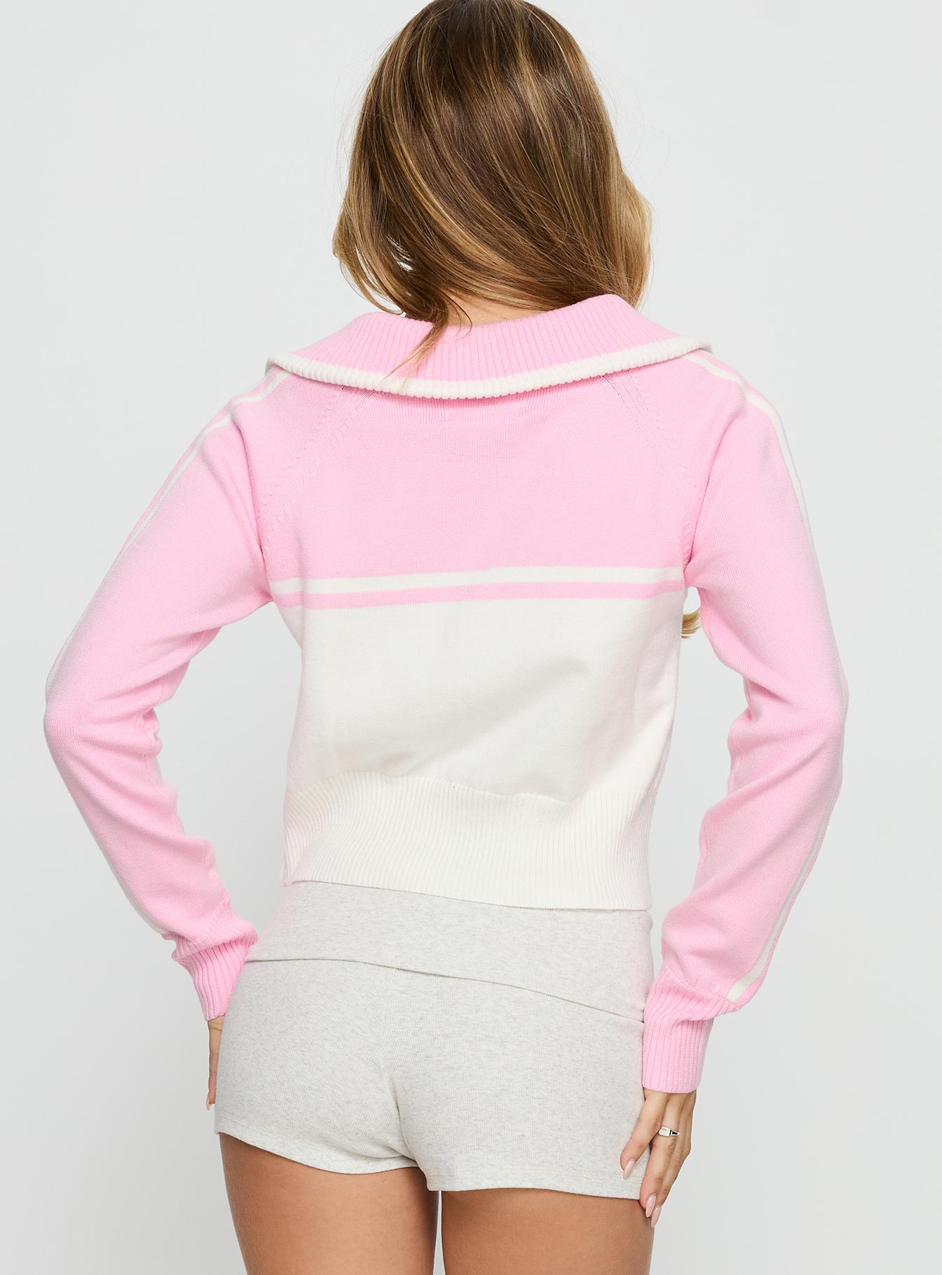 Take The Lead Zip Through Knit Sweater Pink / White - Image 5