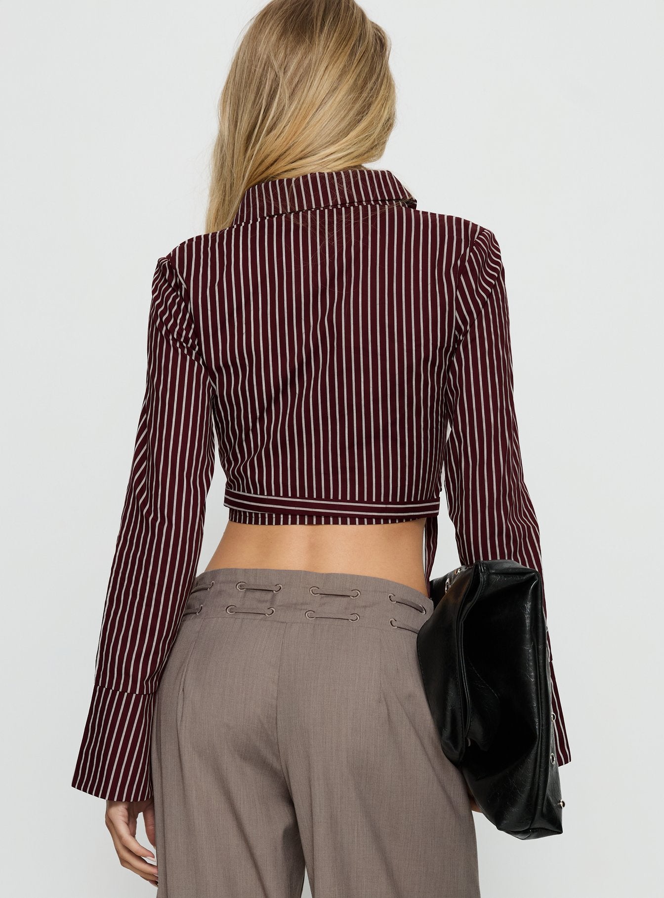 Anslee Wrap Detail Cropped Long Sleeve Top Burgundy Stripe - Image 4