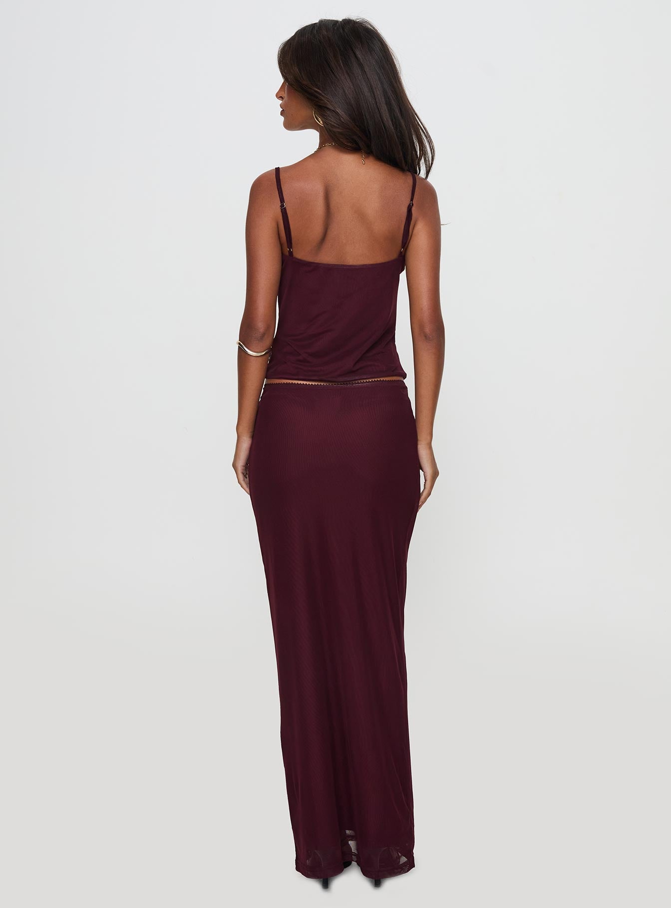 Reiko Lace Trim Tie Front Maxi Set Burgundy - Image 4