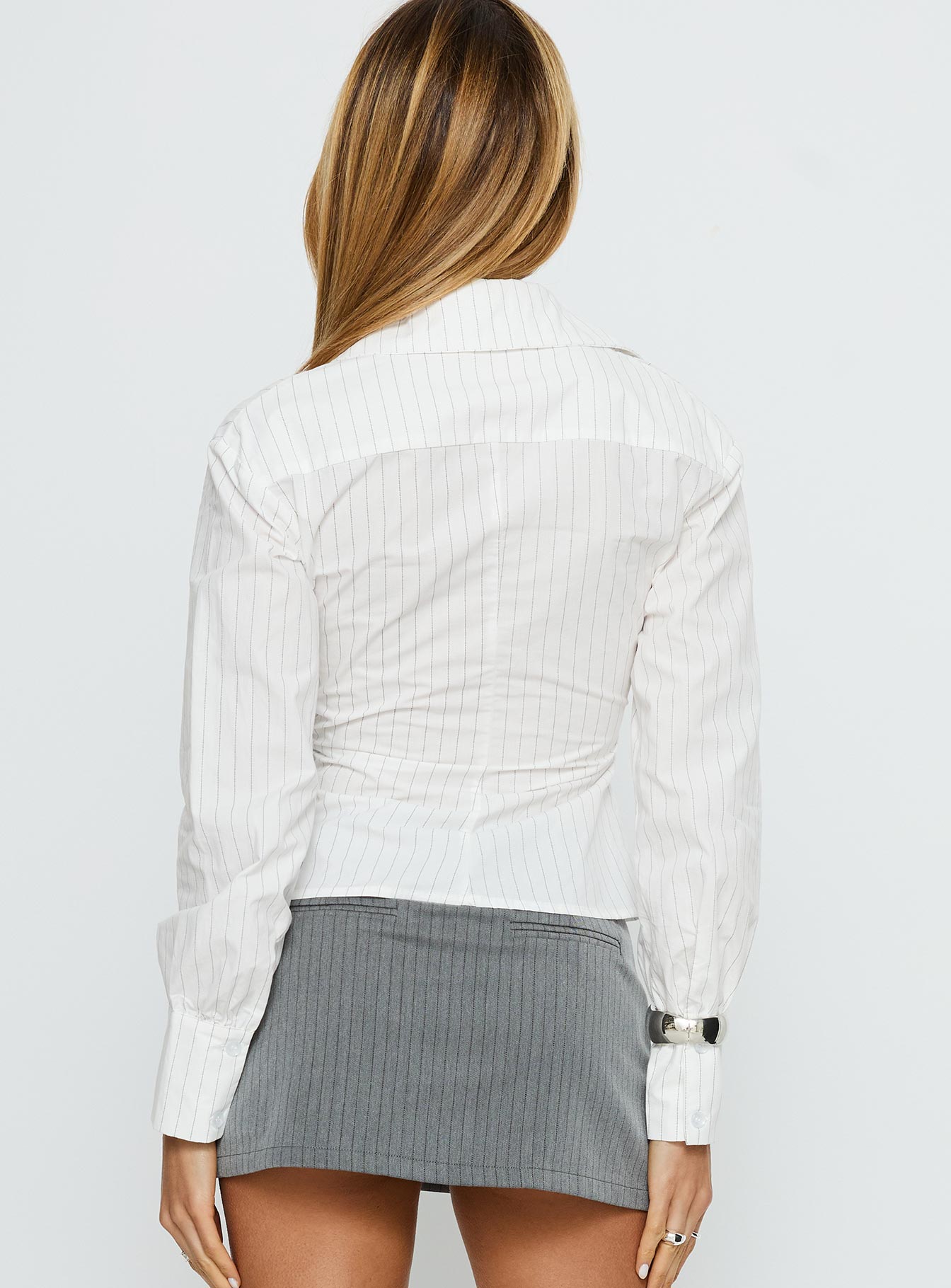 Mayda Asymmetrical Long Sleeve Shirt White Pinstripe - Image 5