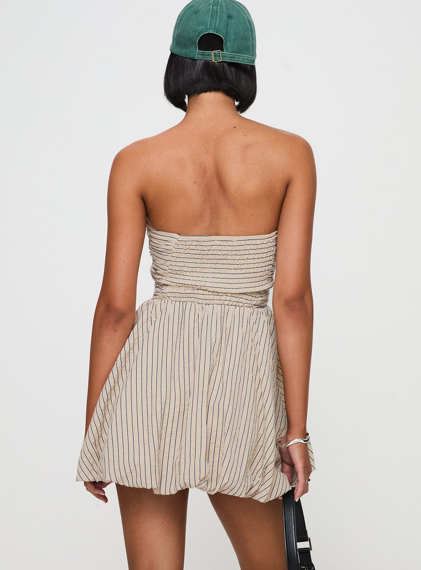 Quinette Strapless Bubble Hem Mini Dress Beige Stripe - Image 4
