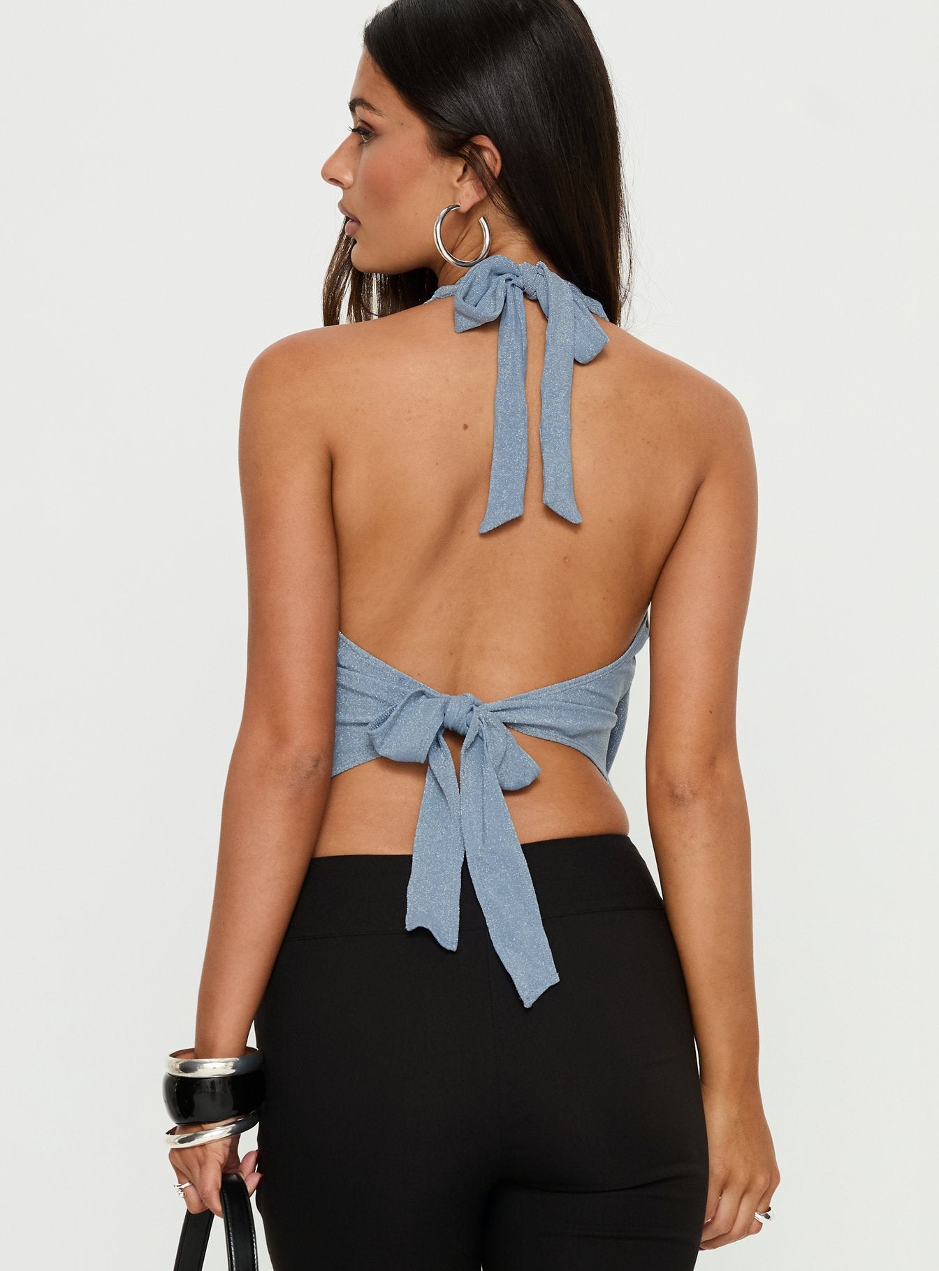 Lillyan Cross Front Backless Top Blue Shimmer - Image 4