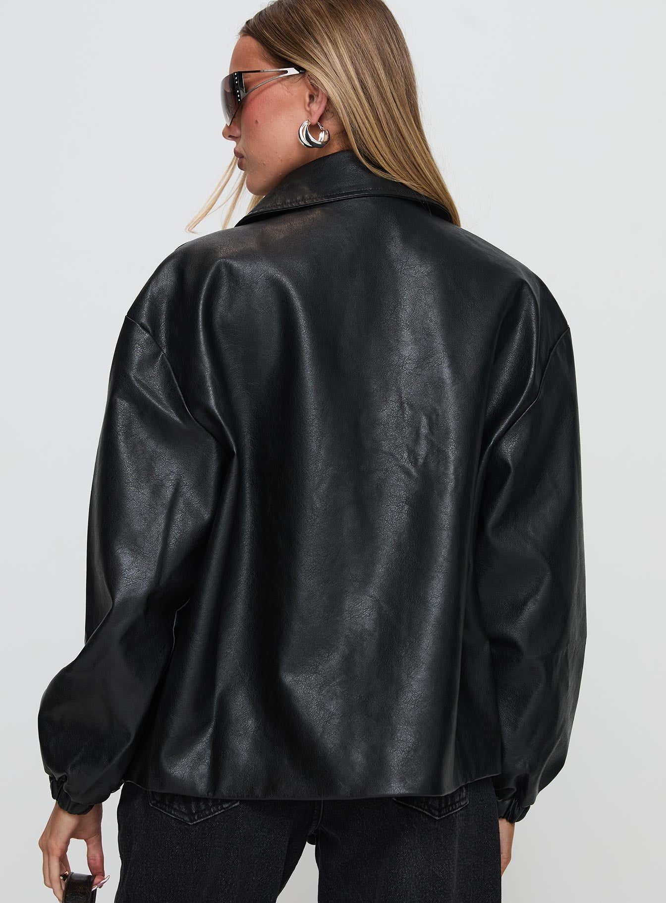 Missed Call Faux Leather Bomber Jacket Black - Image 5