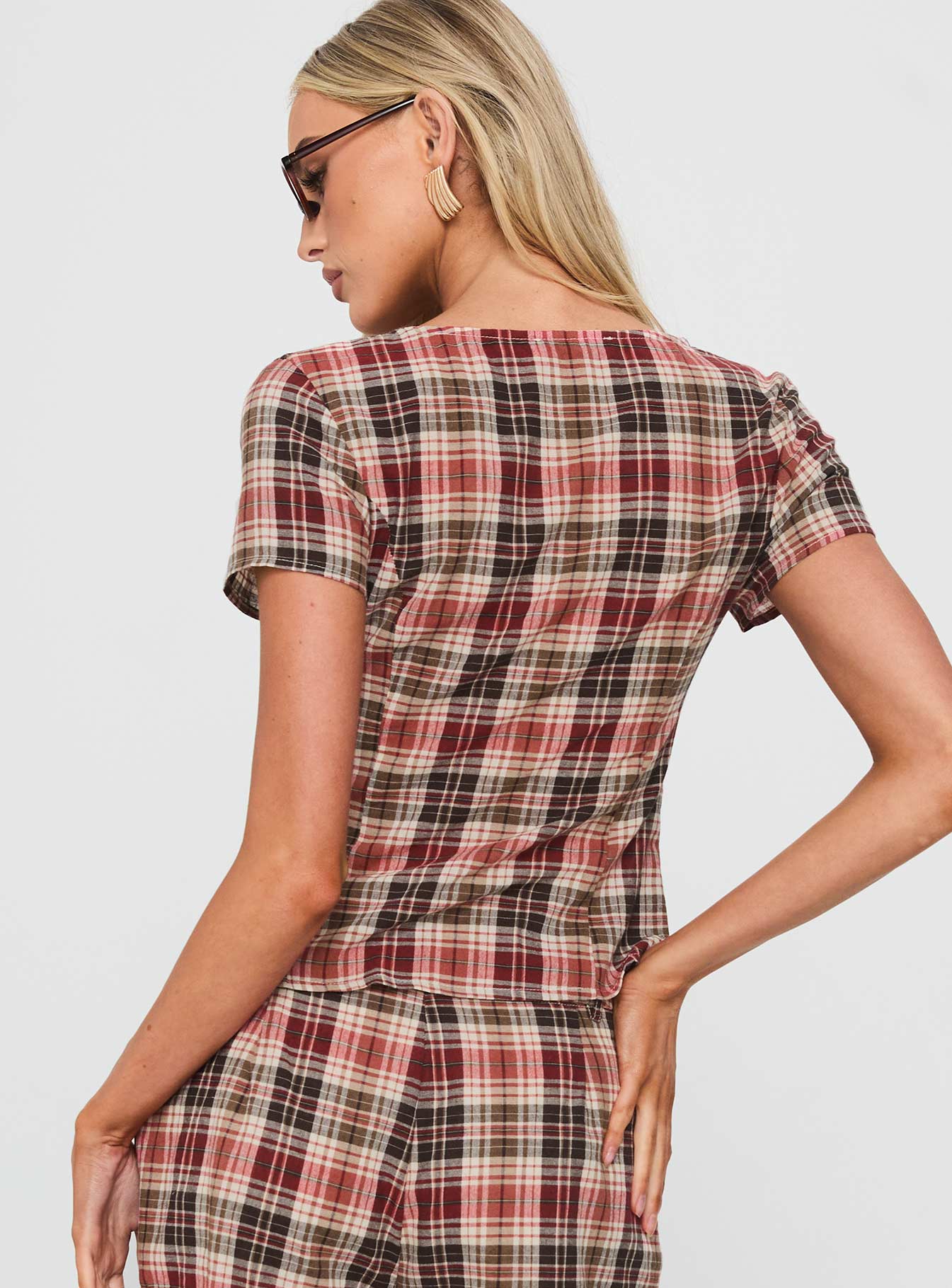 Odera Button Up Blouse Top Red Check - Image 5