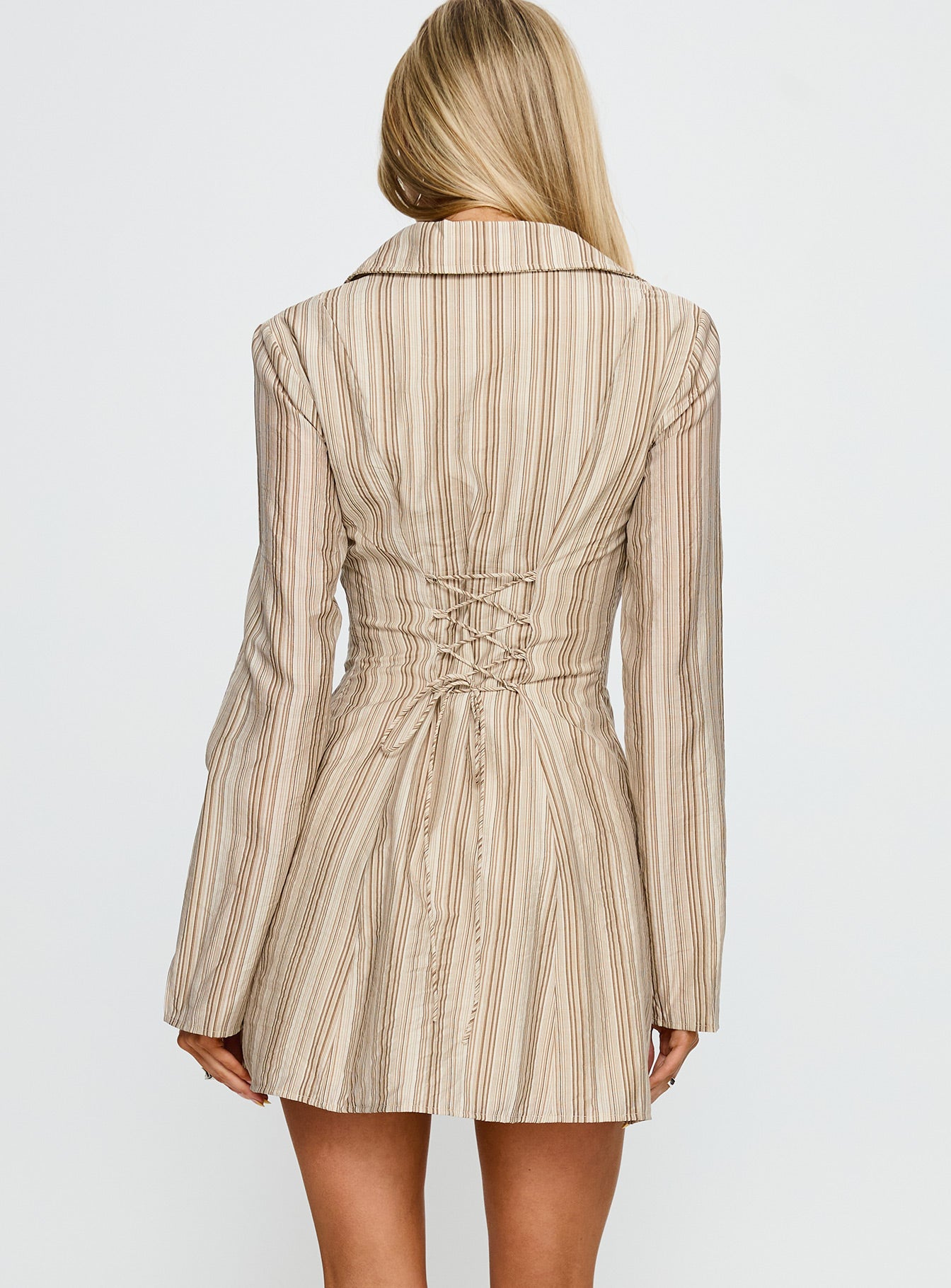 In Your Arms Long Sleeve Tie Back Mini Dress Brown Stripe - Image 5