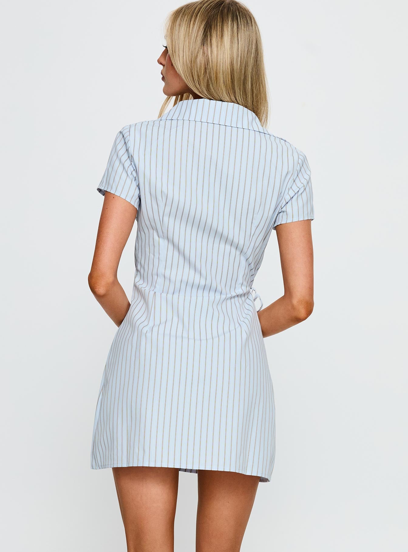 Amarita Wrap Collared Mini Dress Blue Stripe - Image 5