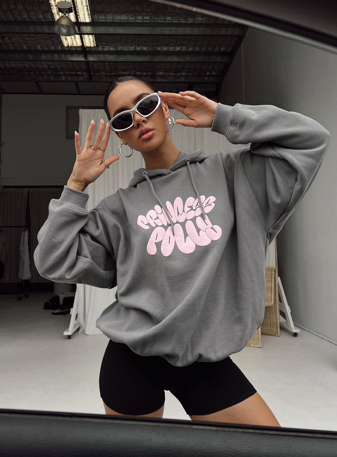 Princess Polly Hooded Sweatshirt Bubble Text Charcoal / Light Pink - Image 3
