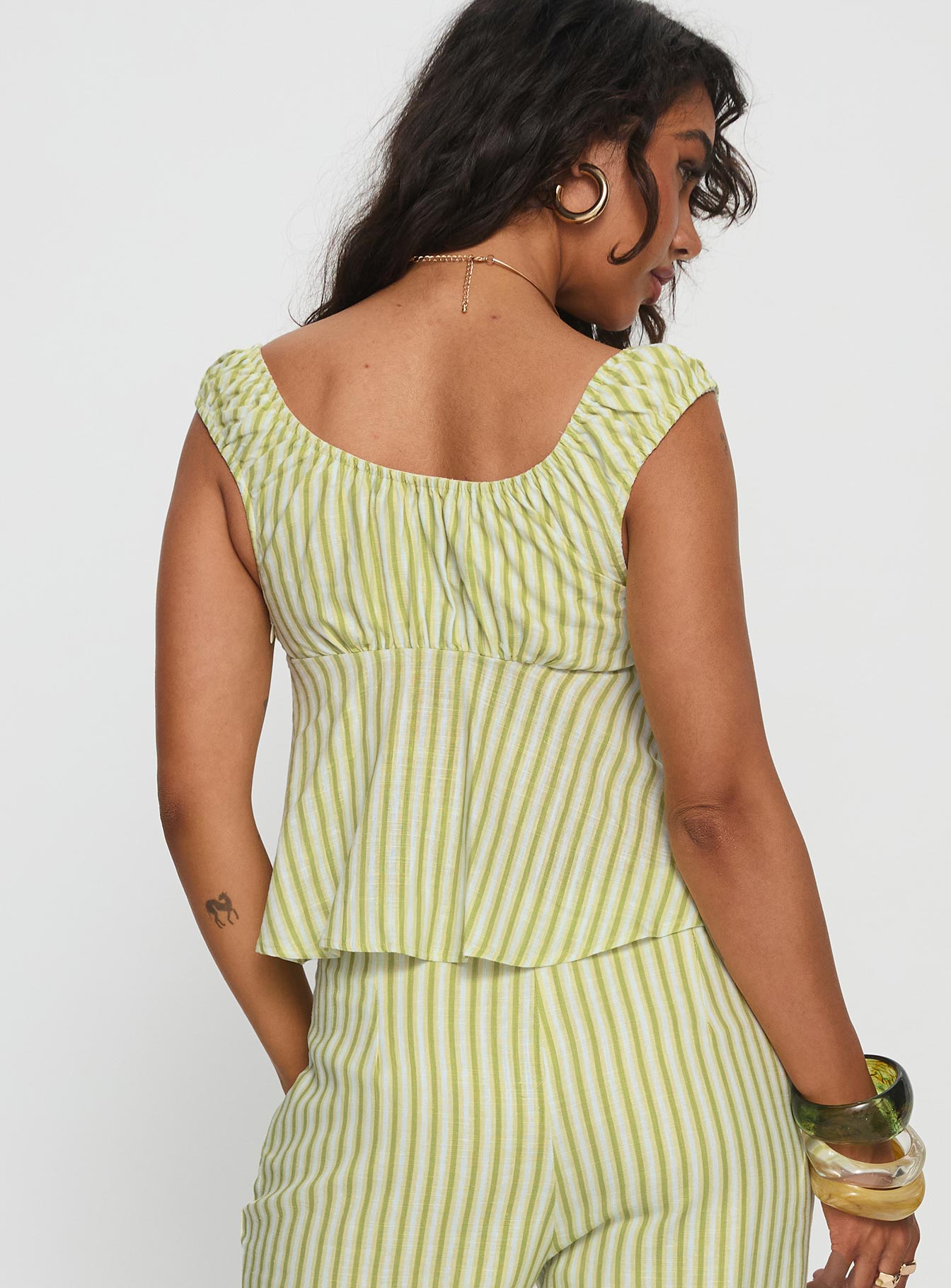 With Pleasure Puff Sleeve Linen Blouse Top Green / Blue Stripe - Image 5