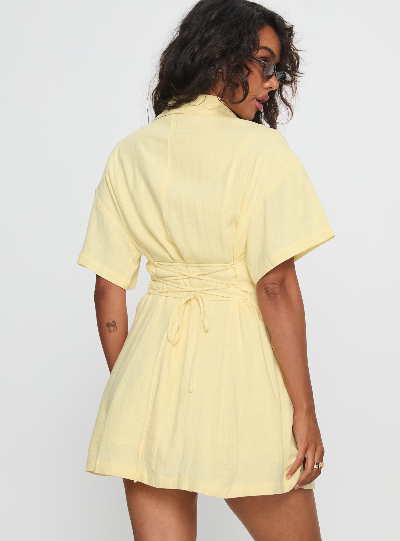 Wylla V Neck Linen Mini Dress Yellow - Image 5